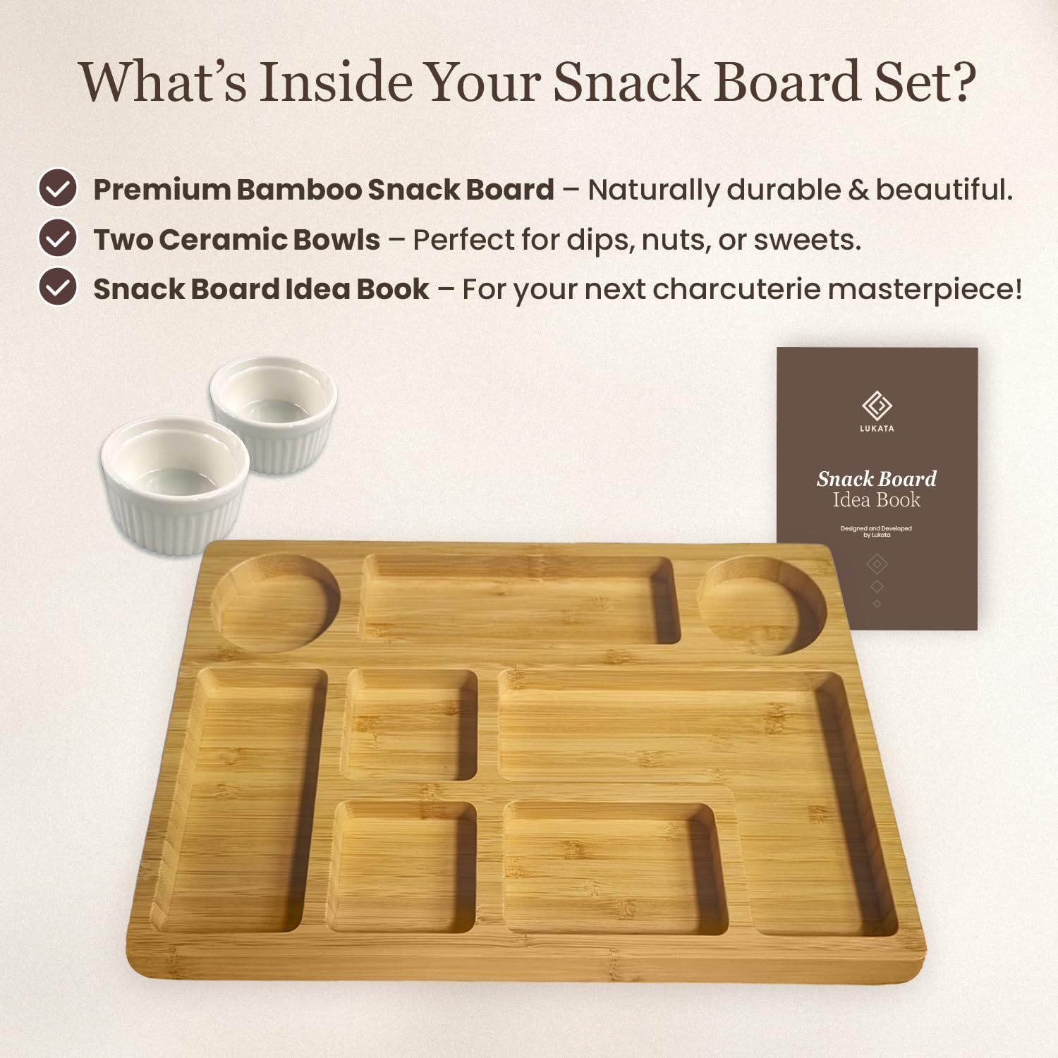 Lukata Grazing Board - Small Charcuterie Board for Snacks Cheese & Appetizers - Durable Bamboo Serving Platter for 2-3 People Parties Guests Picnics - 32Cm X 22Cm X 2Cm image number 4