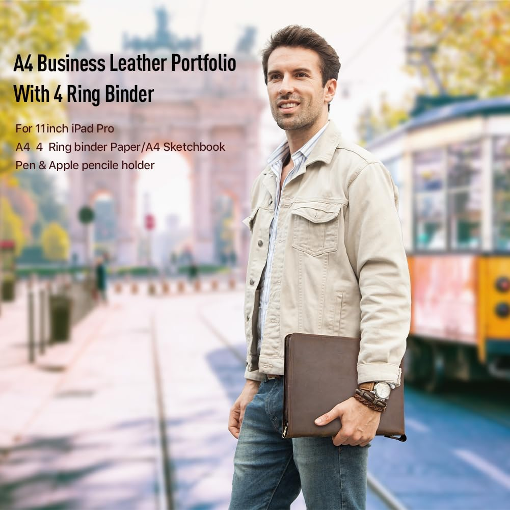 Contacts Full Grain Leather Portfolio 4 Ring Binder Professional A4 Notebook Folder Zipper Binder Organizer with 11" Ipad Pocket, 40 Sheets of A4 Paper image number 2
