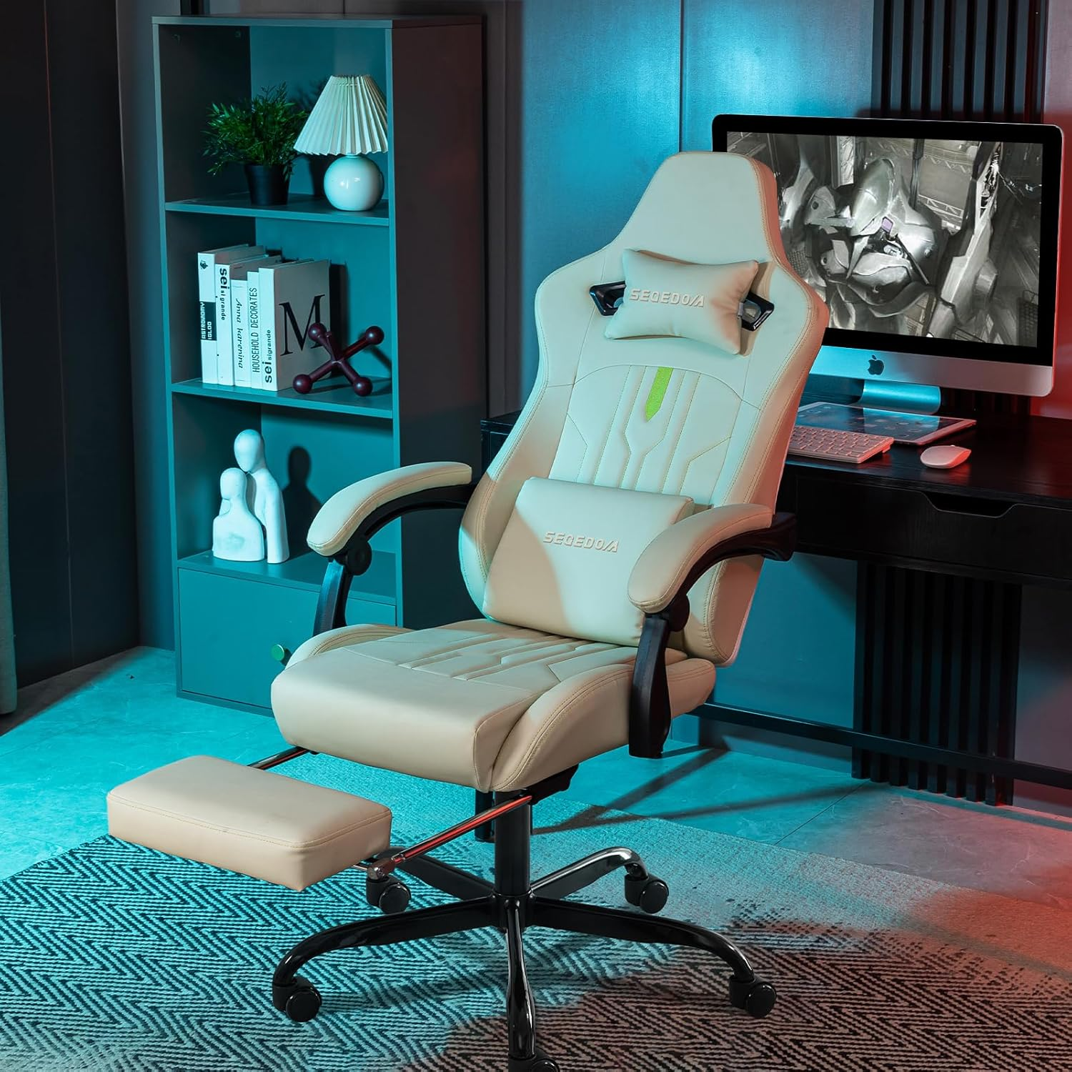 SEGEDOM Beige White Gaming Chair | with Footrest, Ergonomic, Massage Lumbar Cushion, Adjustable, Recliner | PVC Leather(Beige) image number 6