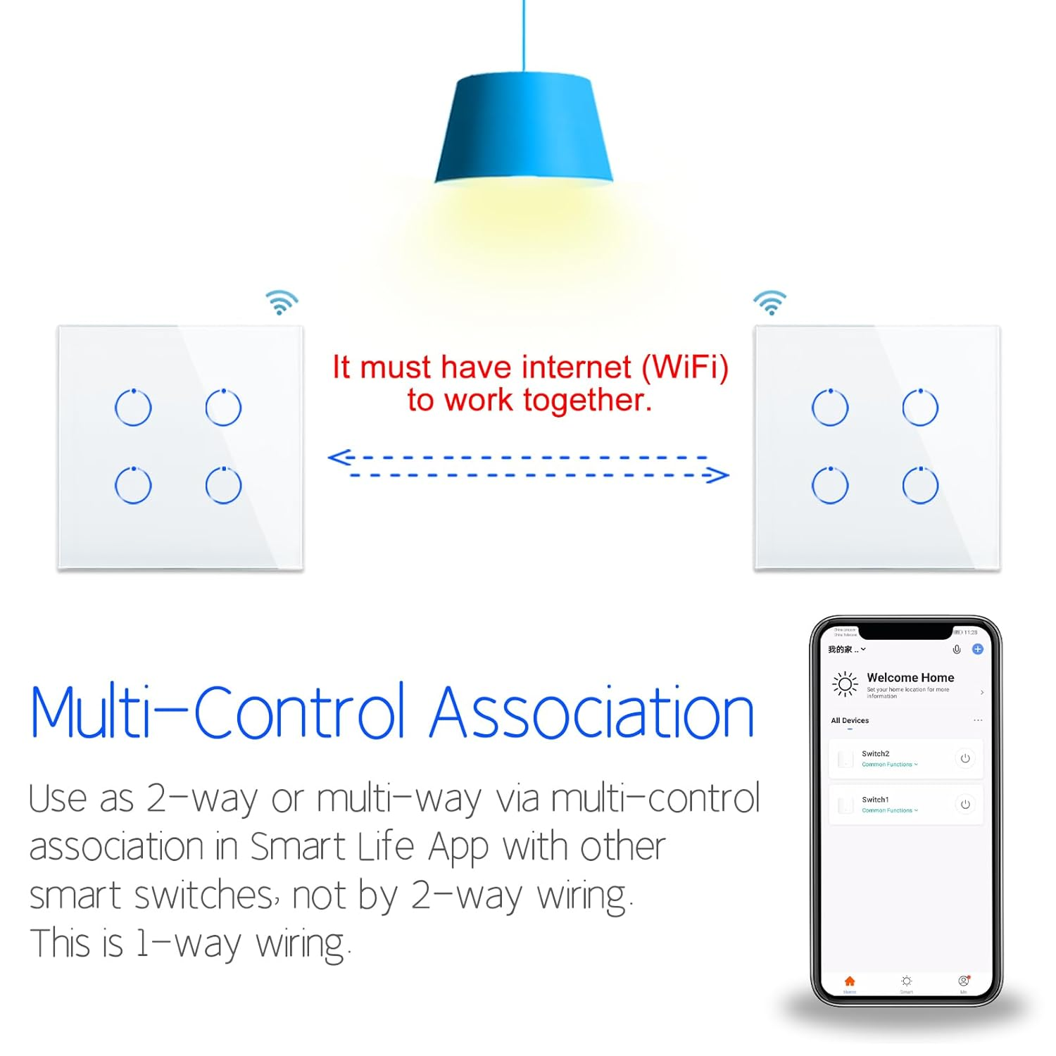 CNBINGO Smart Touch Light Switch Works with Alexa, Google Assistant - WLAN Switch Flush-Mounted - with Glass Panel - Wall Switch Quadruple in White - Neutral Conductor Required - 600 W/Compartment image number 6