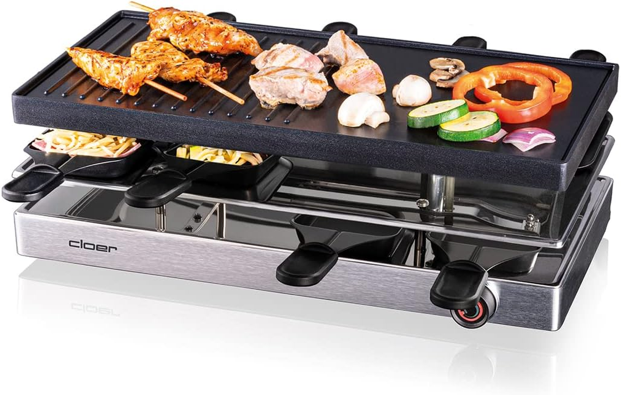 Cloer 6458 Raclette Grill with Die-Cast Aluminium Plate, 1200 W, 8 Non-Stick Raclette Pans, Plastic Spatula, Unheated Parking, Aluminium image number 2