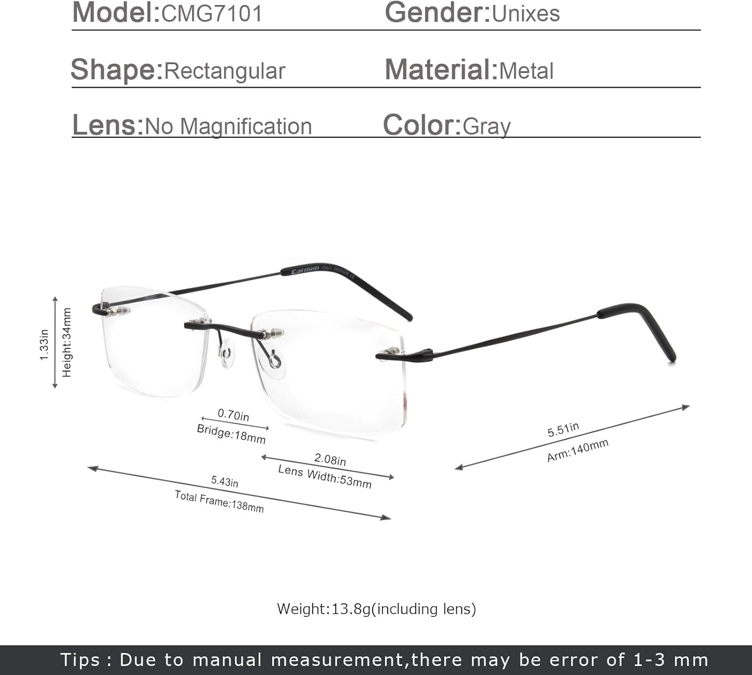 Men Women Eyeglasses Rimless Metal Lightweight Clear Lens Optical Frames Gray Glasses