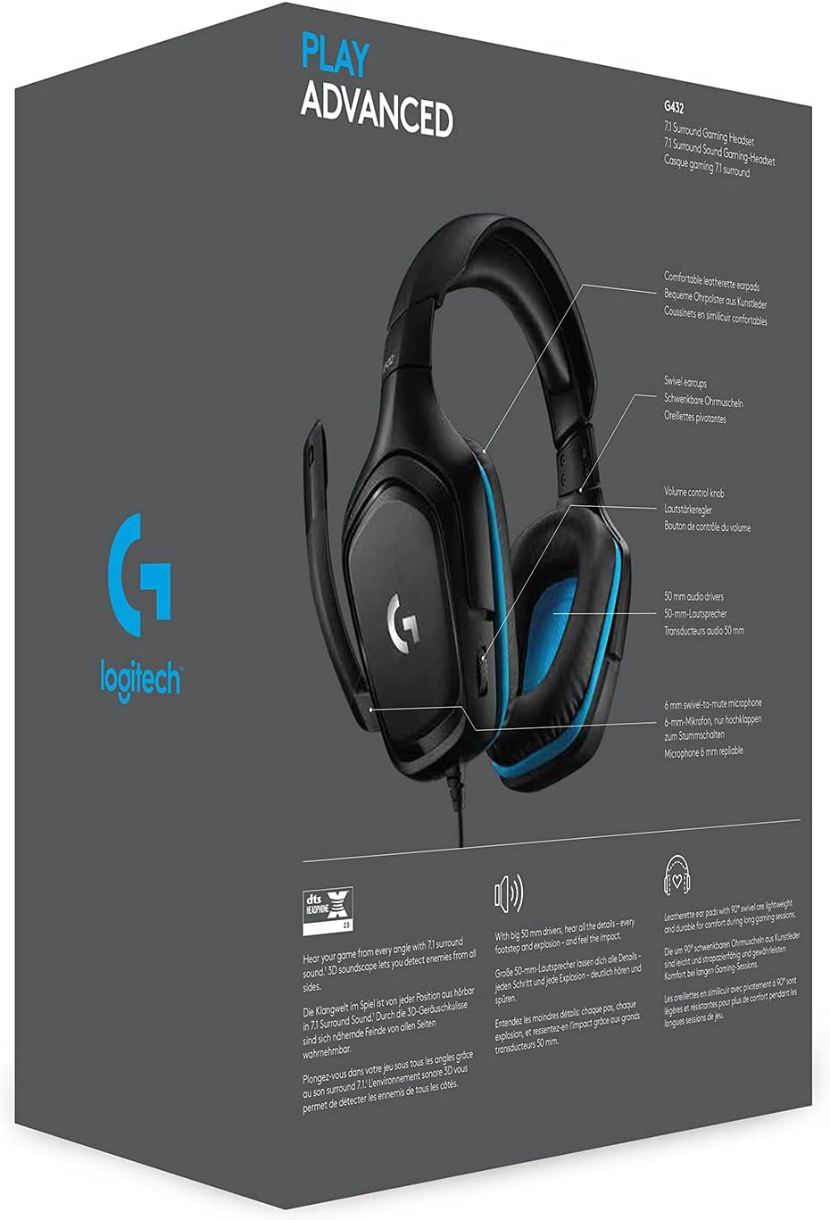Logitech G432 Wired Gaming Headset, 7.1 Surround Sound, DTS Headphone:X 2.0, 50 Mm Audio Drivers, USB and 3.5 Mm Audio Jack, Flip-To-Mute Mic, Lightweight, Pc/Mac/Xbox One/Ps4/Nintendo Switch - Black image number 2