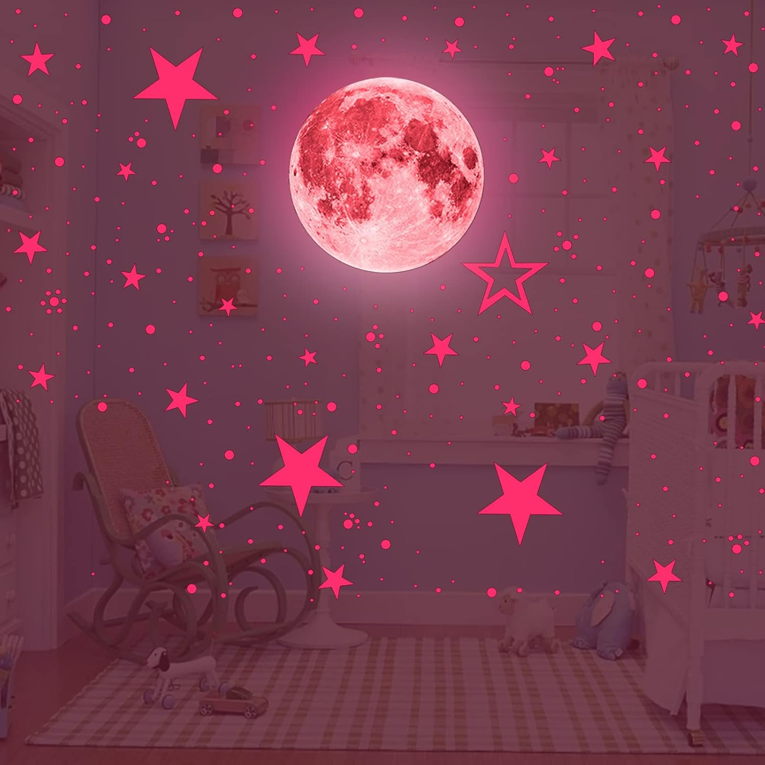 Glow in the Dark Stickers, 435Pcs Self Adhesive Luminous Moon Stars Wall Stickers, PVC Decorative Nursery Wall Stickers for Girls Boys Bedroom (Pink) image number 4
