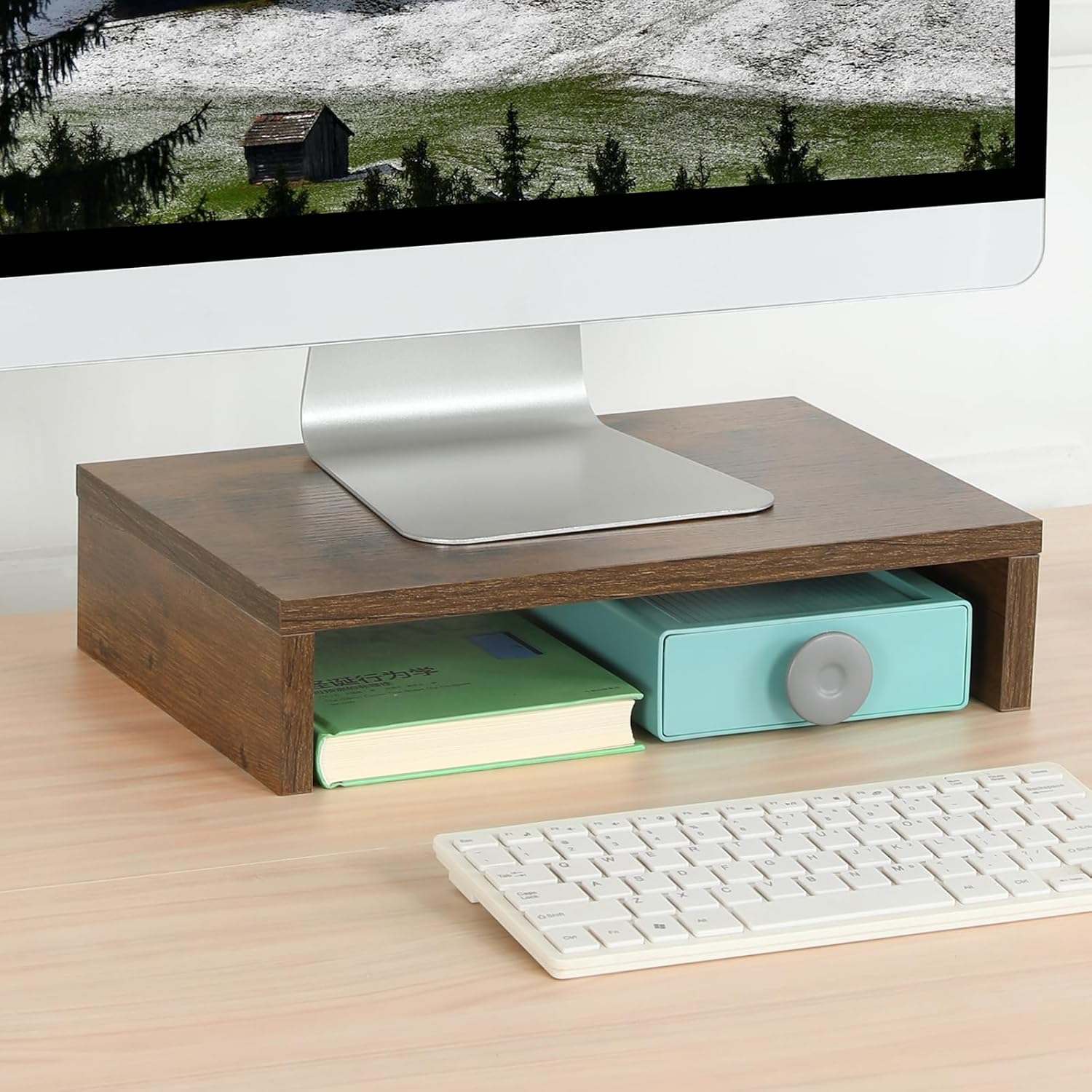 TEAMIX 14.2 Inch Monitor Stand Riser, Rustic Brown Wood Monitor Riser with Storage for Desk Small Monitor Stand Tv/Screen/Pc/Laptop Riser Computer Stand Desktop Shelf image number 4