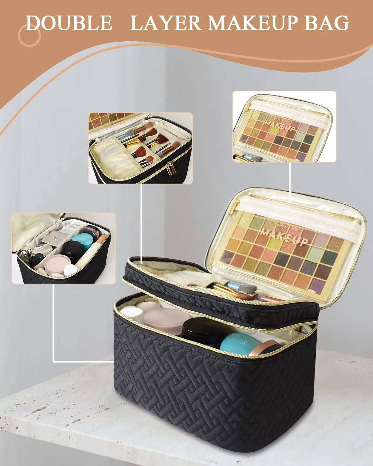 Makeup Bag Organiser for Women, Large Double Layer Cosmetic Make up Bag with Brush Compartment, Portable and Water-Resistant Toiletry Bag Travel Essentials, Black image number 1