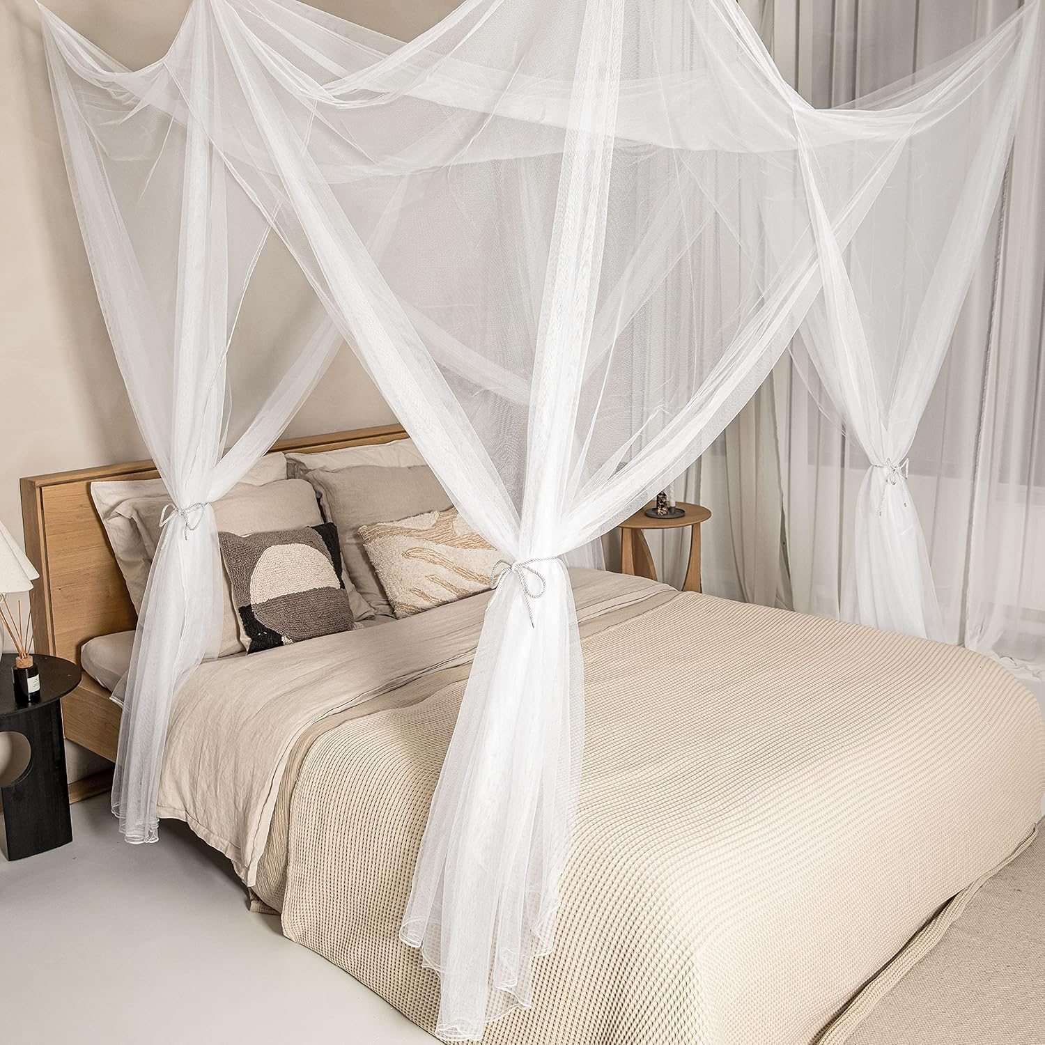 Mosquito Net for Double Bed, White, 6 Hanging Loops and 4 Side Openings, Decorative Rectangular Shape for Home & Travel, Canopy Hanging Set and Carry Bag Included, 210 X 200 X 200 Cm image number 1