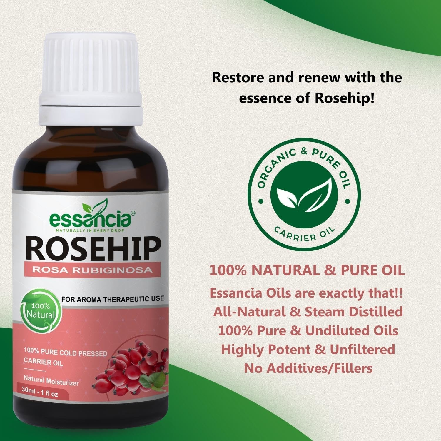 Essancia Rosehip Carrier Oil for Face Glow, Hair Growth, Acne, Skin Care, Healthy Nails, Wrinkles, Lips, & Radiant Skin. 100% Natural, Organic, & Pure Cold Pressed Carrier Oils.