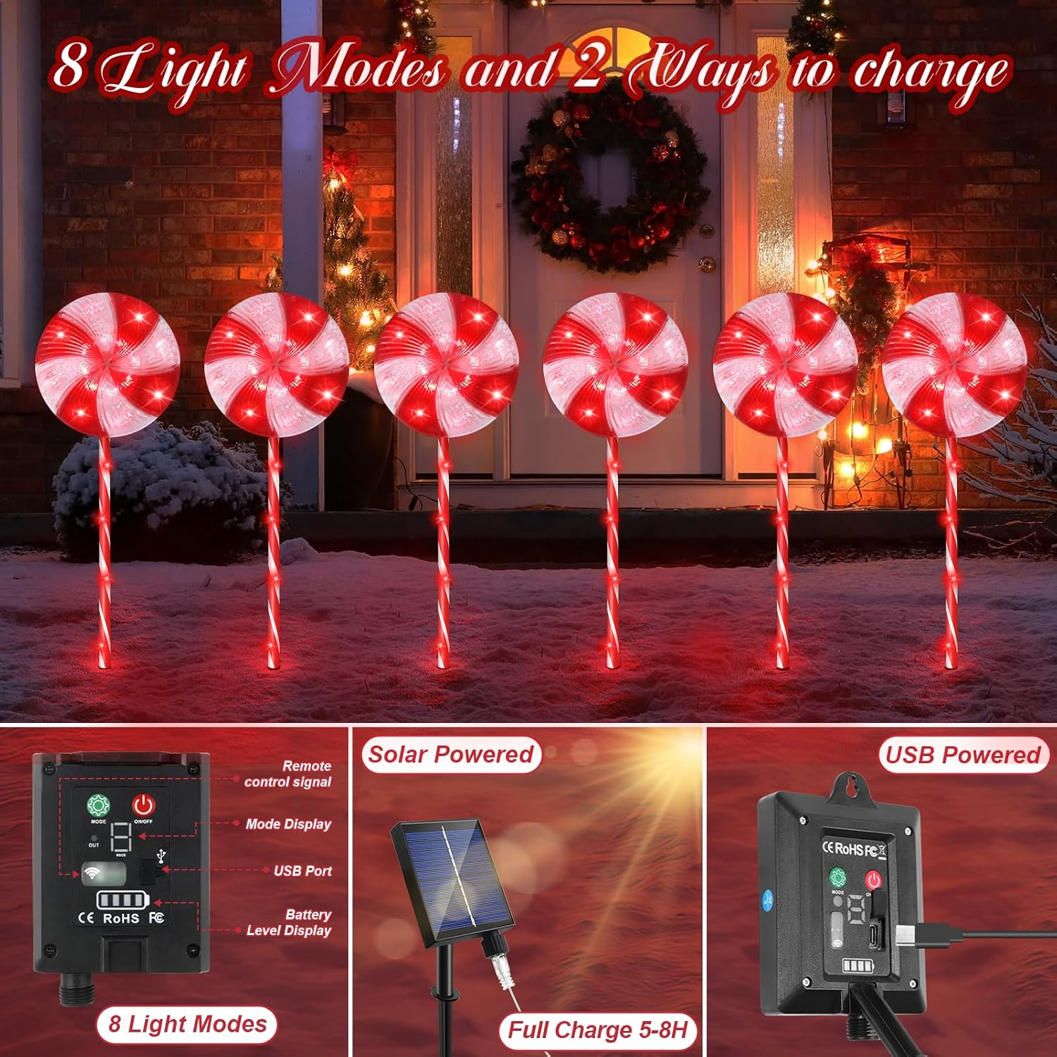 FLSEPAMB 6 Pack Christmas Lollipop Lights Outdoor with Remote Control, 120 Red Leds Christmas Pathway Markers Lights Outdoor Decorations 8 Modes for Xmas Patio Garden Yard Decor image number 3