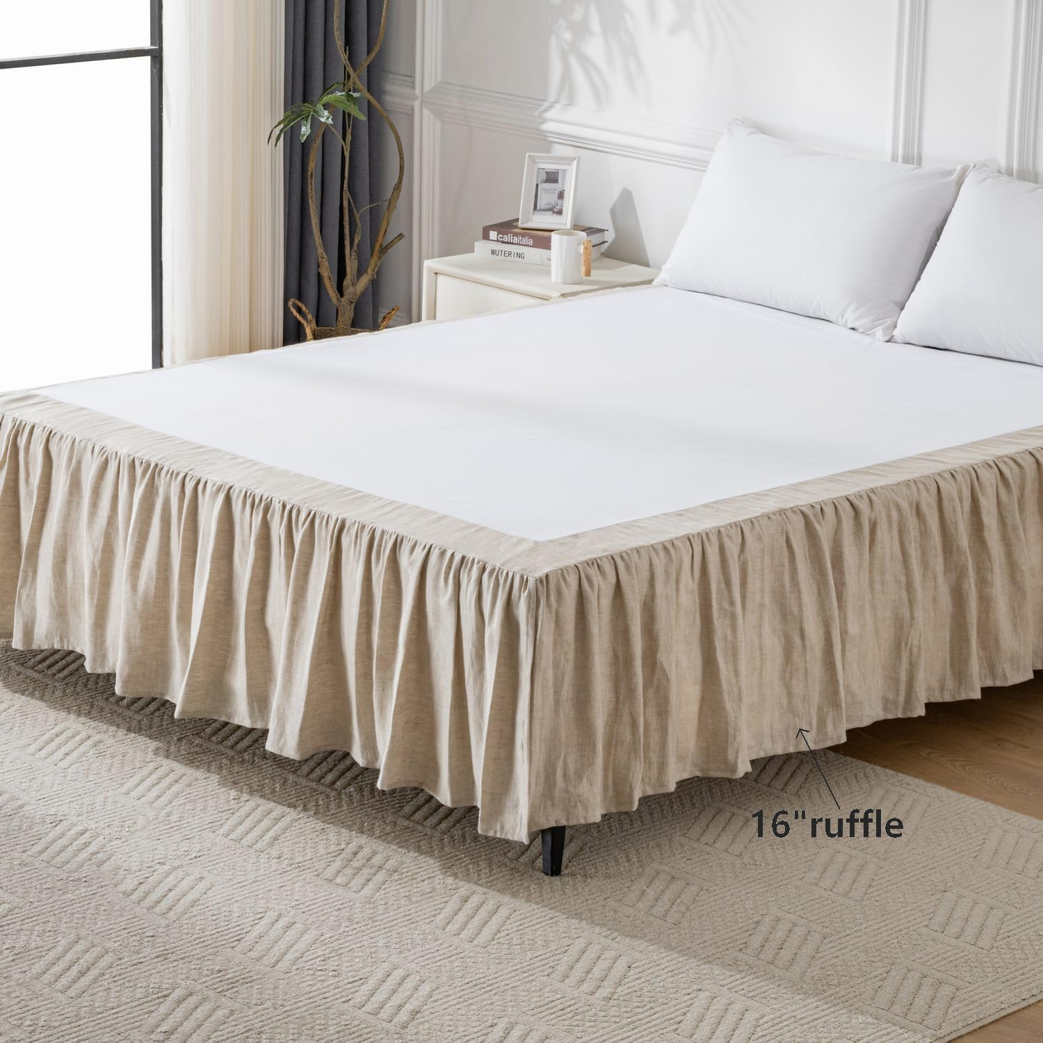 Washed French Linen Bed Skirt, 16-Inch Dust Ruffle, Queen Size 60" W X 80" L, Herringbone Linen, Super Soft, Natural Color image number 3