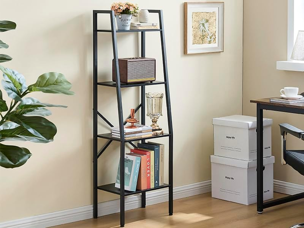 Hoctieon Ladder Shelf Bookcase, 4-Tier Ladder Bookshelf, Tall Bookshelf with Metal Frame, Industrial Bookshelf Ladder, for Living Room, Kitchen, Home Office, Bedroom, Simple Assembly, Black image number 1