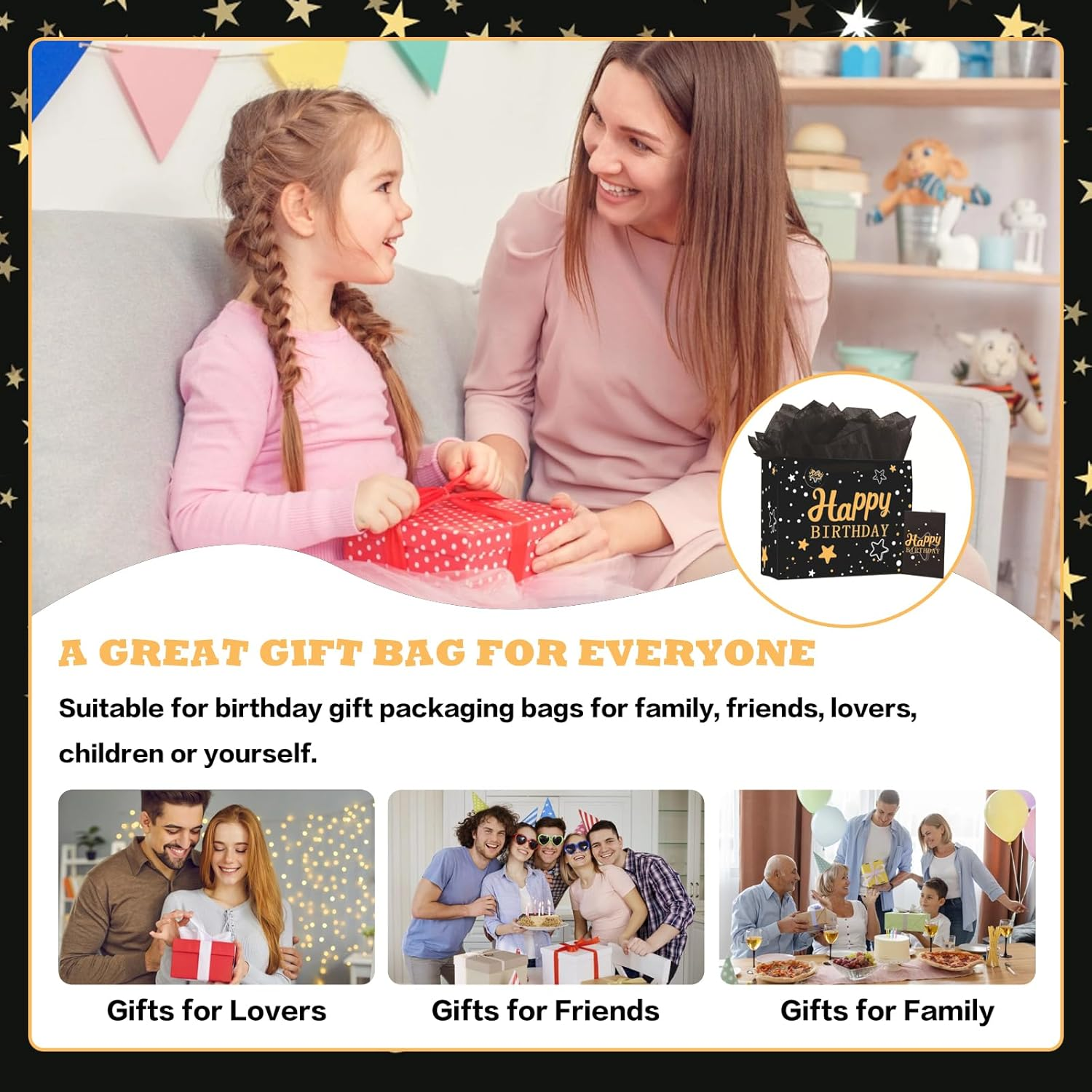 2PCS 13" Large Happy Birthday Gift Bag Set with Greeting Card, Tissue Papers, Party Favor Bag Set Supplies with Letter Gold Stars Pattern, Black Package for Men, Girls and Kid (Black Gold Stars Theme) image number 5