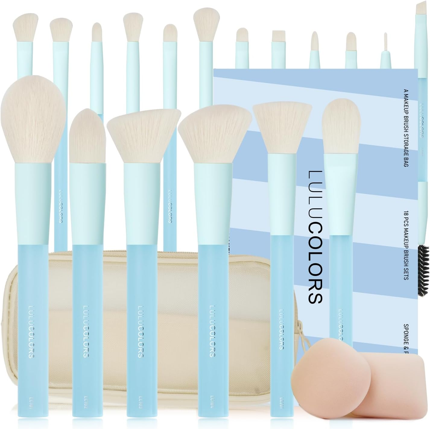 LULUCOLORS 18-Piece Light Blue Professional Makeup Brush Set &ndash; Translucent Rubberized Handles, Soft Synthetic Bristles for Face & Eye Makeup &ndash; Includes Travel Bag & Sponges,Complete Brush Collection