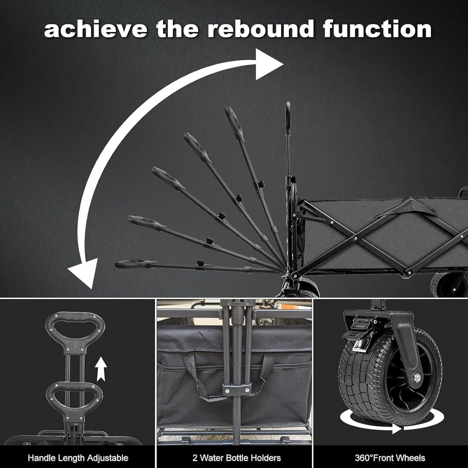 Collapsible Folding Wagon with Board Desktop, 10CM Wide Big Wheels with Brakes, Portable Large Wagon Cart, Bearing Capacity 175Kg Beach Wagon, Outdoor Stroller Wagon - Black