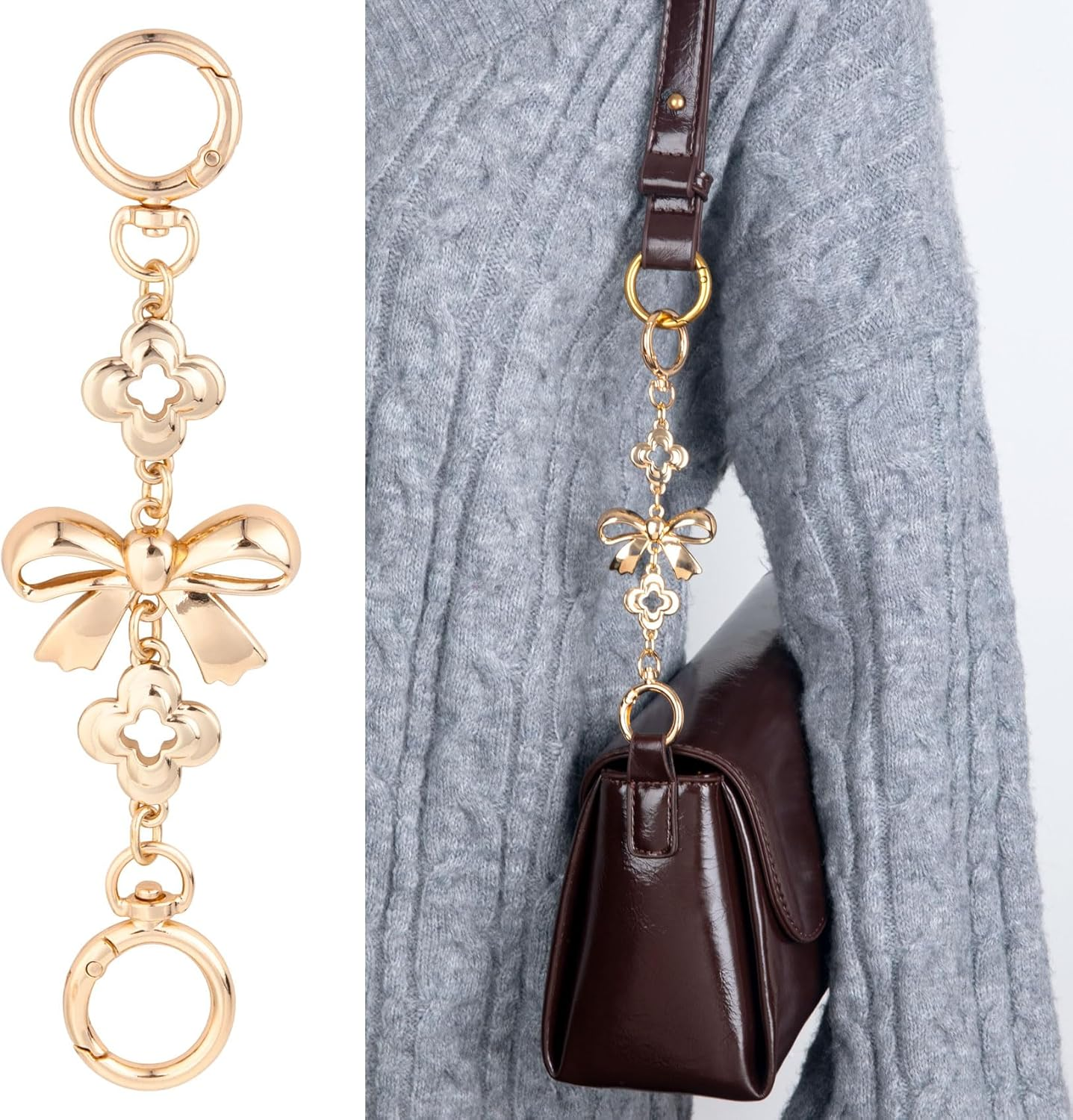 2 Pcs Gold Bow Bag Extender Chain, Metal Pearl Extender Chains, Bow Pattern Purse Strap Replacement, Wallet Extender Chain Decoration for Purses, Bags, Wallet