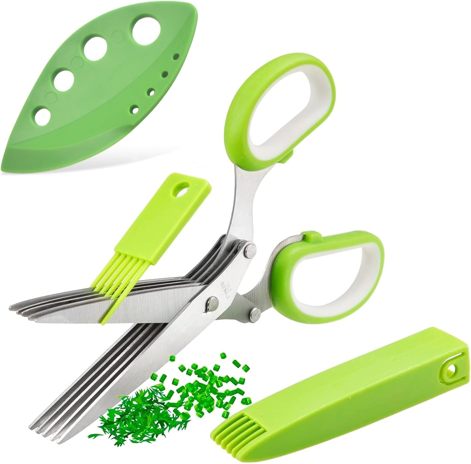 3PCS Gourmet Herb Scissors Set - Stainless Steel 5-Blade Multi-Purpose Kitchen Scissors with Safety Cover and Cleaning Comb - Cutter/Chopper/Chopper for Herbs - Kitchen Gadgets image number 3
