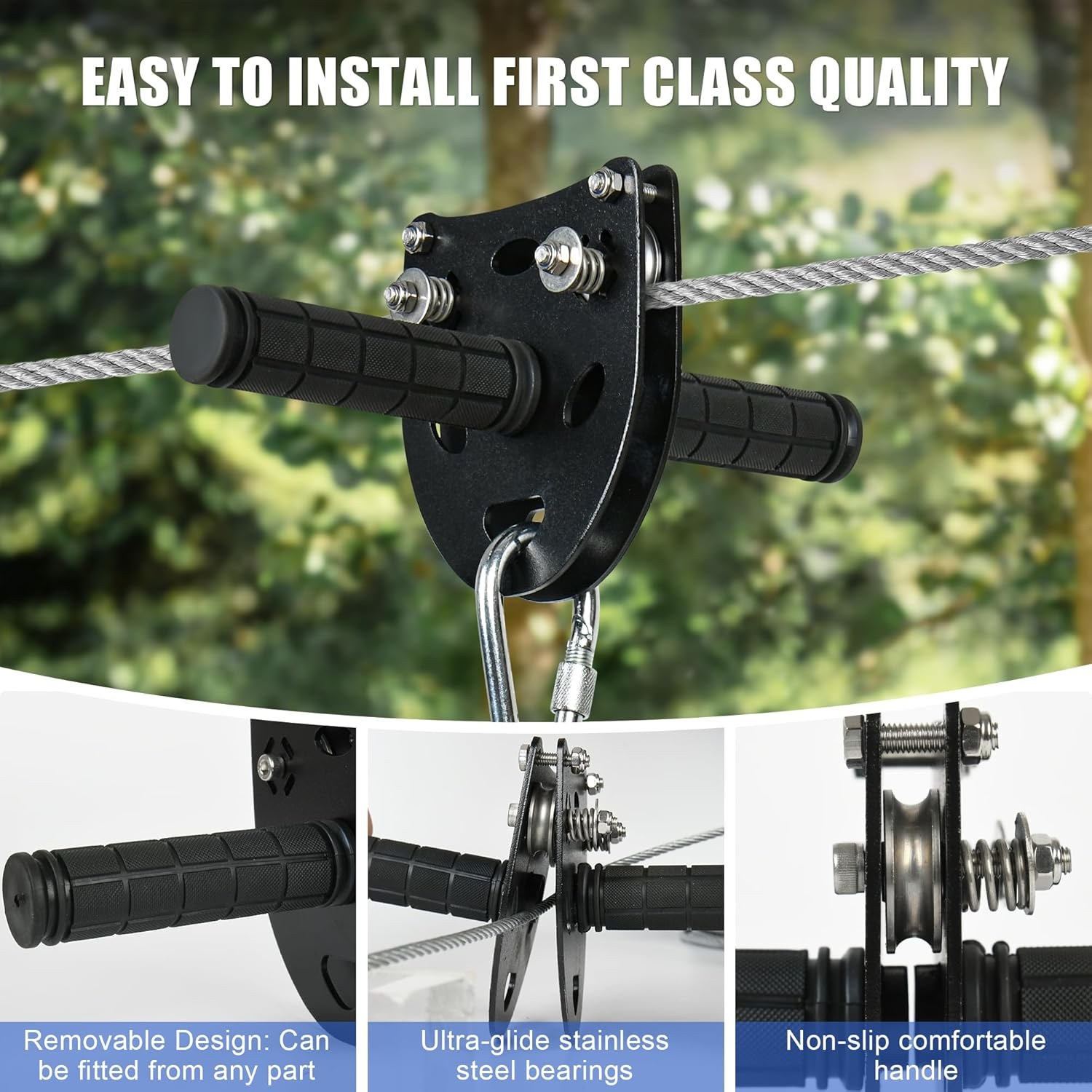 30M Zip Line Kit for Kids Adults.Up To160Kg, Updated Rust Proof Removable Design Trolley and Thickened Seat with Zipline Spring Brake and Safety Harness, Quick Tighten Zipline for Backyard Outdoor image number 1