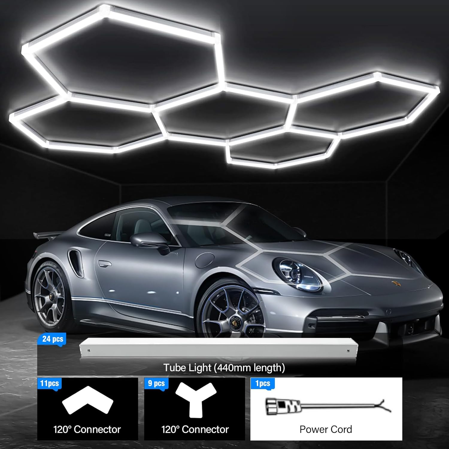 DIKHEE Hexagon LED Garage Light 192W Super Bright Car Detailing Ceiling LED Shop Light for Warehouse Workshop Gym Basement Car Care Wash Room(5Hex) image number 3