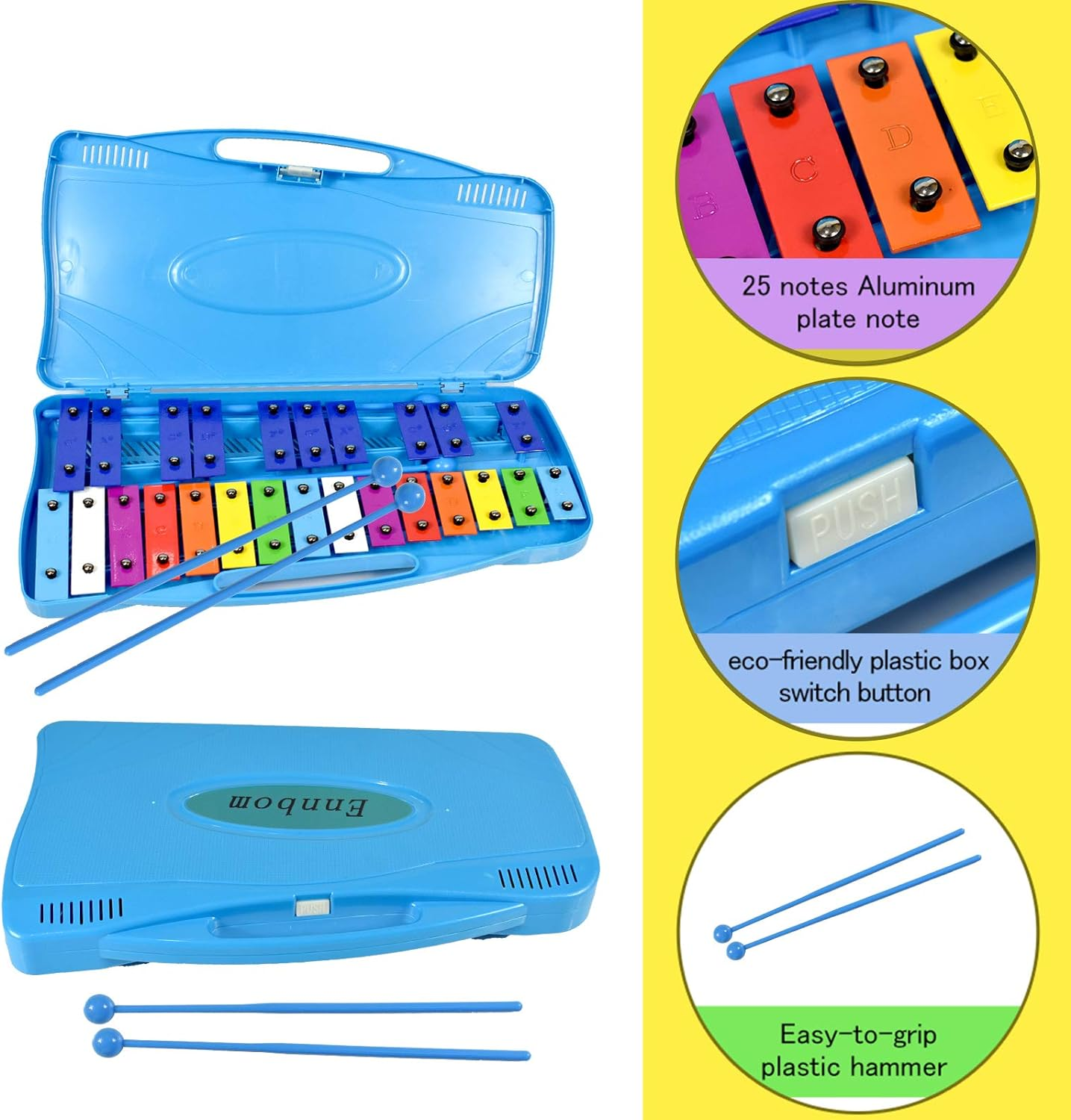 ENNBOM 25 Notes Vibraphone Xylophone Glockenspiel Black Blue Percussion Instrument with Case (Blue Case- Blue) image number 3