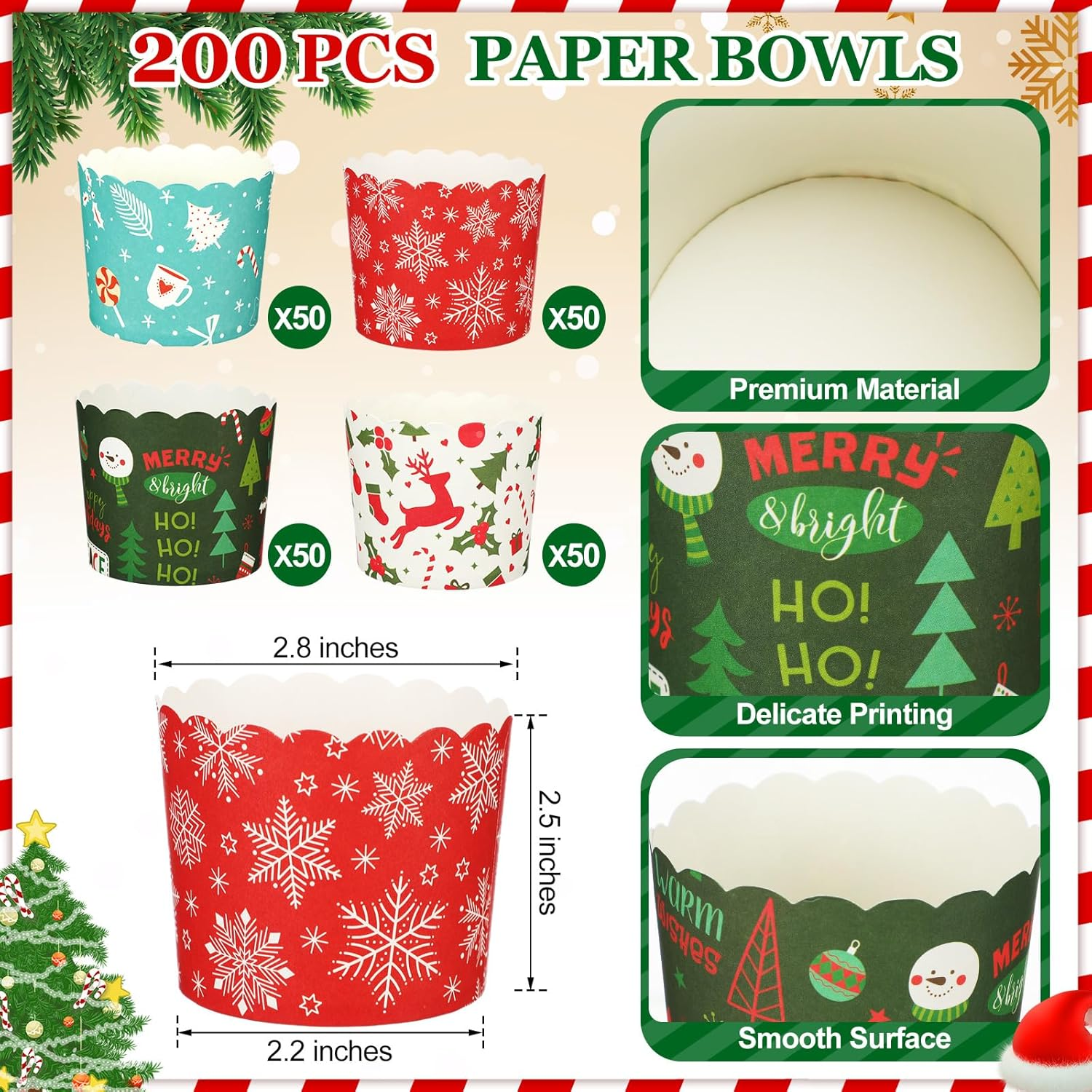 Uiifan 200 Pcs 6 Oz Muffin Cupcakes Christmas Baking Paper Cups Greaseproof Baking Cup Christmas Muffin Paper Cups 4 Styles Xmas Baking Paper Cup Christmas Party Supplies for Cake Balls Candies image number 6