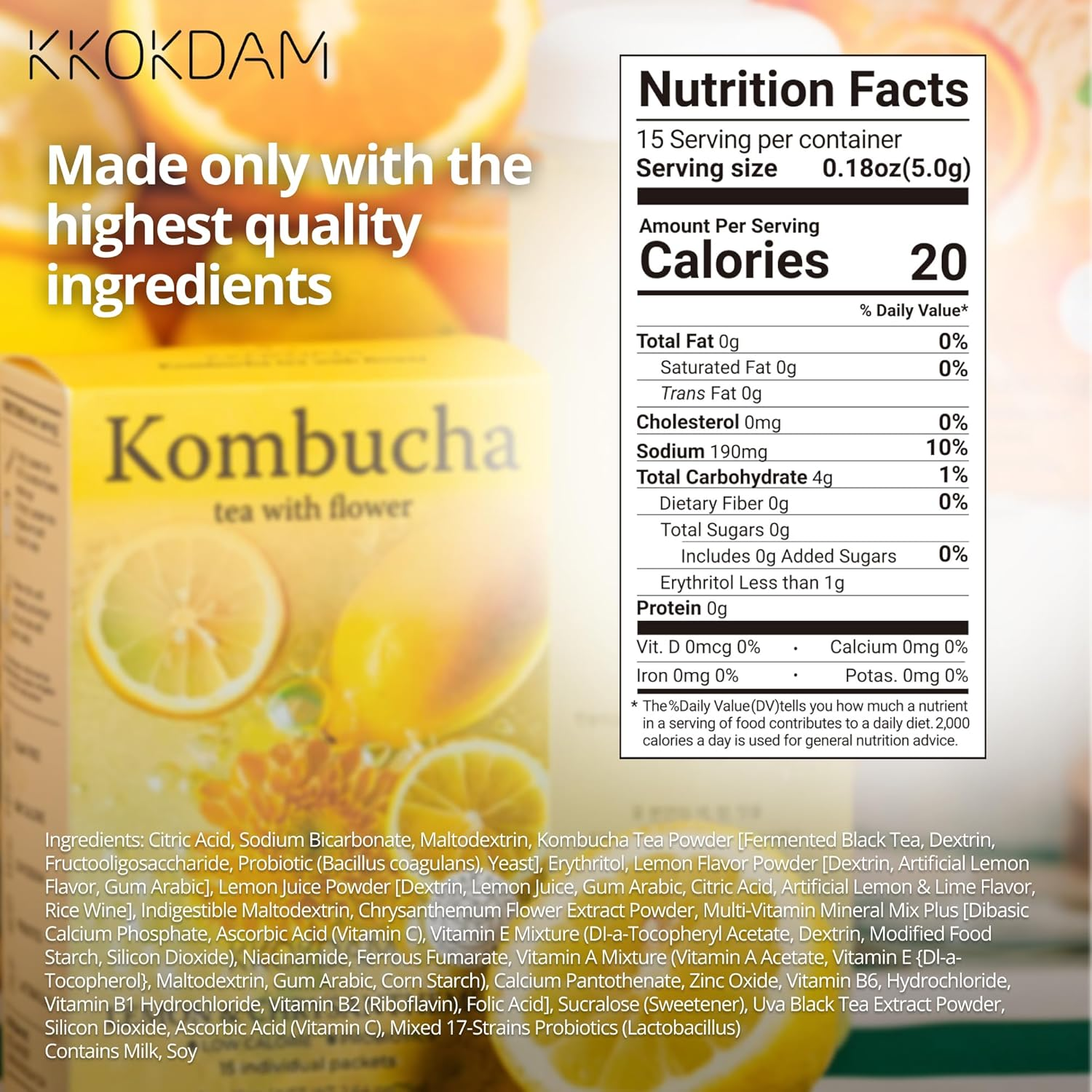 KKOKDAM Kombucha Tea 15 Packs - Lemon & Chrysanthemum Korean Tea - Kombucha Drinks Probiotic Support, Low Calorie, Sugar Free Kombucha Pack - 15 Drink