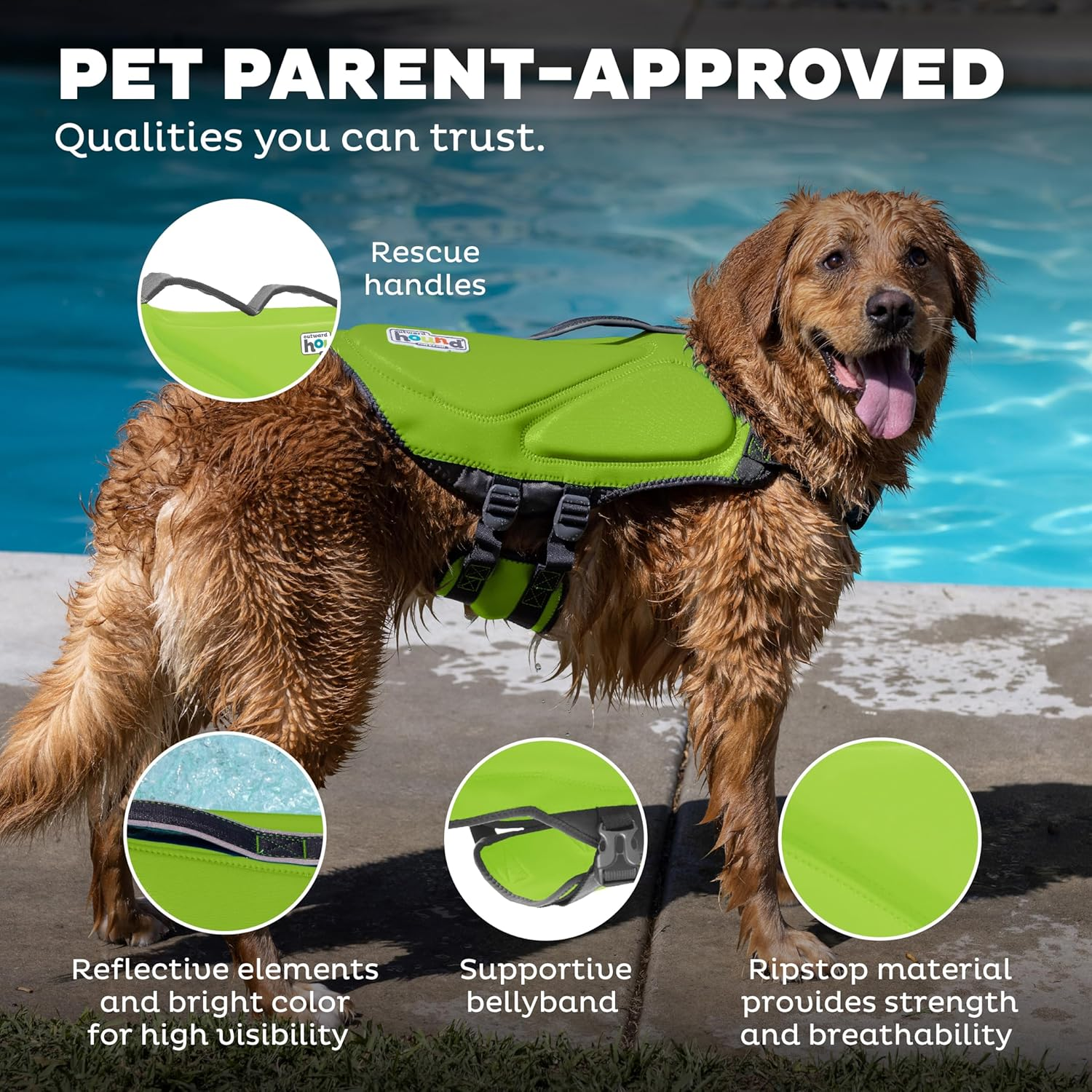 Outward Hound Dawson Swim Green Dog Life Jacket, XL