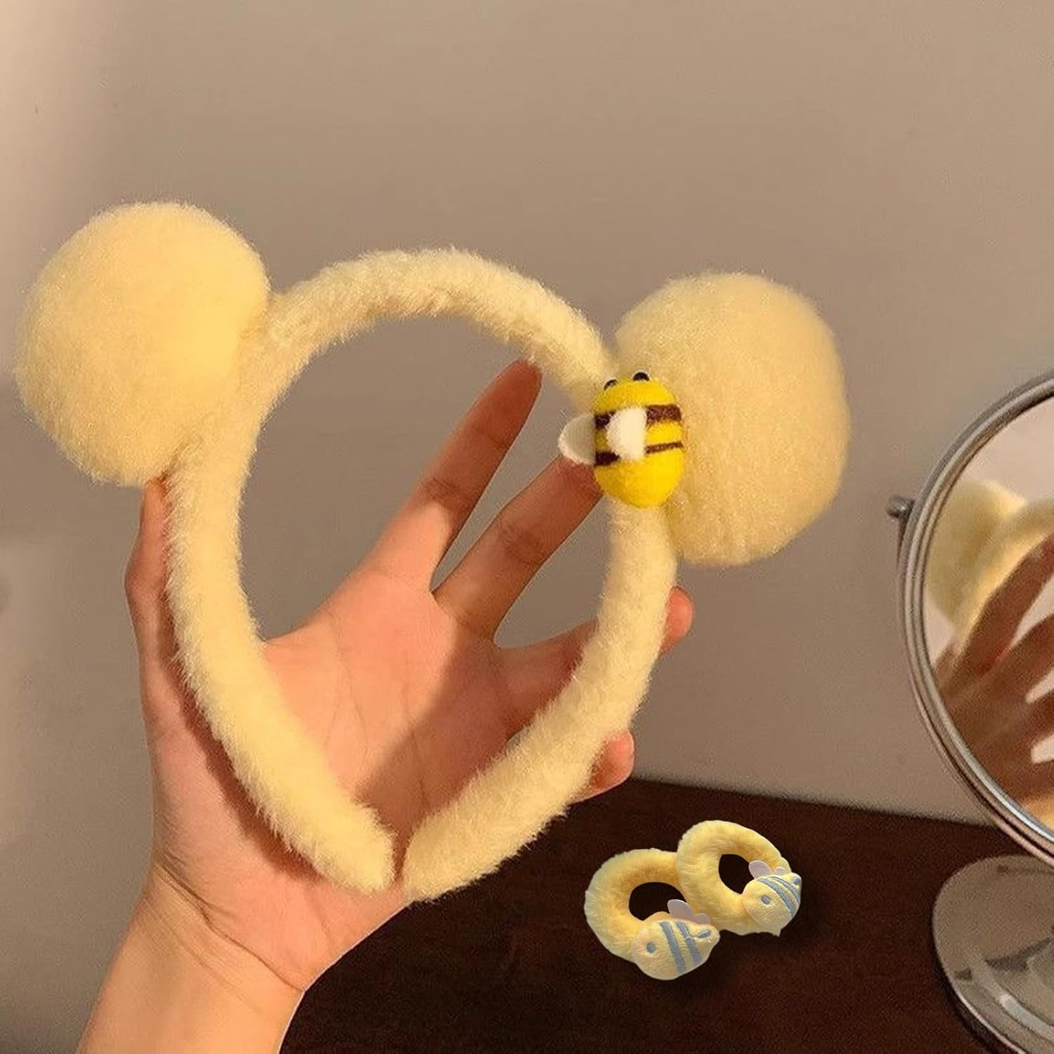 Kuskins Bear Ears Headband & Wristbands Set (3-Piece) &ndash; Plush Spa Headband with Elastic Hair Ties, Cute Animal Ear Hairband for Women, Cosplay & Halloween