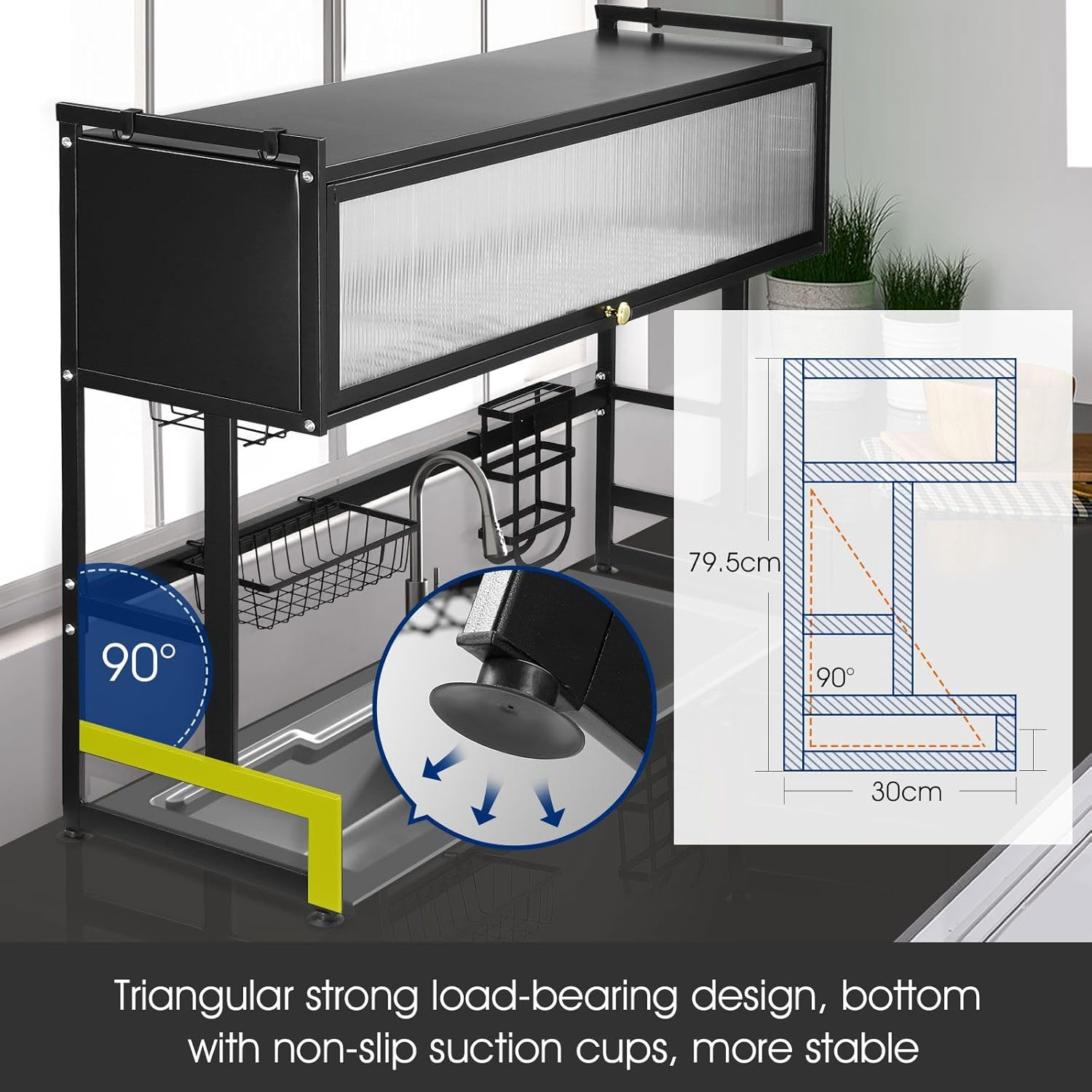 3 Tier over Sink Dish Rack Steel Dish Drainer Dish Drying Rack with Lid Kitchen Counter Storage Organization Adjustable Length 90-95Cm image number 3