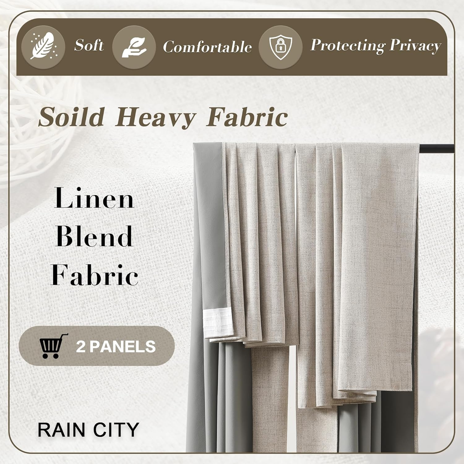 RAIN CITY 94 Inch Long Sun Blocking Curtains with Hooks Linen Blend,Custom Made Blackout Drapes for 90-96 Inch Tall Window,Pinch Pleat for Traverse Rods Floor to Ceiling Track 50 Wide 2 Pack image number 2