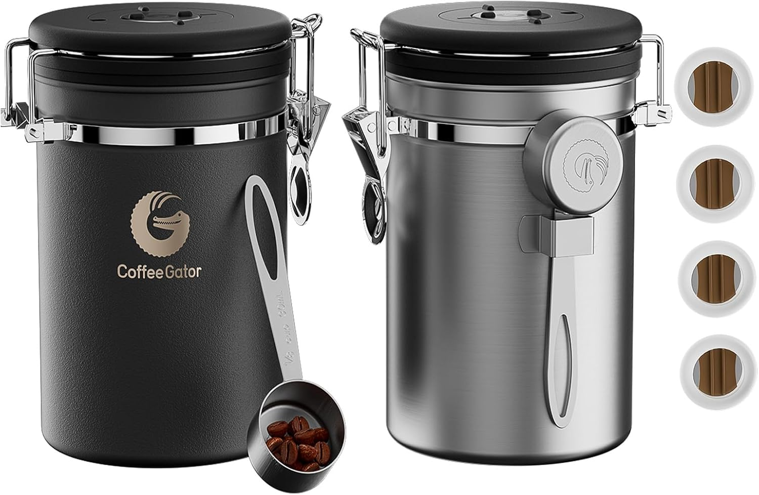 Coffee Gator Coffee Canister, 22Oz Airtight Stainless Steel Kitchen Food Storage Container with Date Tracker, Valve, Scoop for Sugar, Grounds, Beans, Tea, Sugar, Cereal, Flour, Cookies Jars - Black