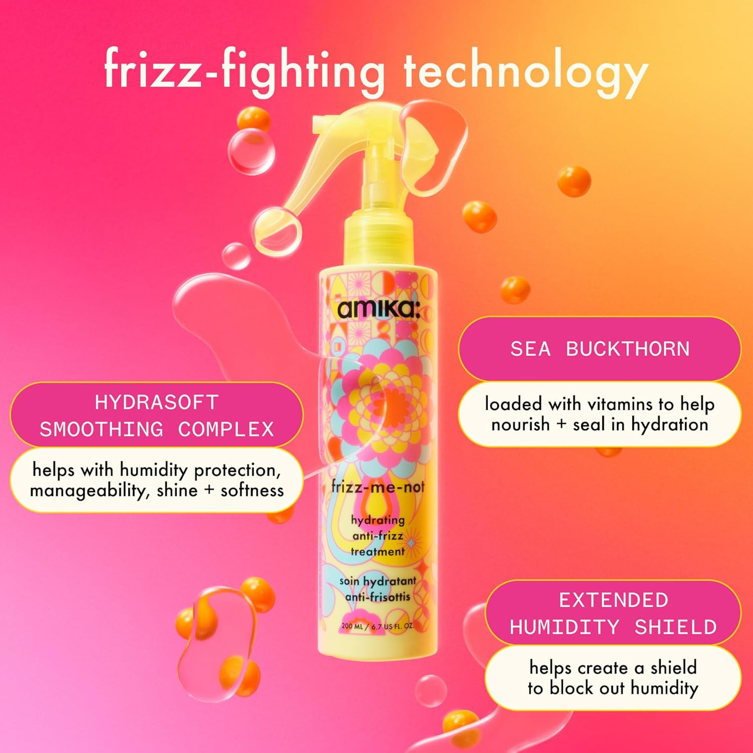 Amika Frizz-Me-Not Heat Protection Spray - Frizz Control, Detangling Hair Treatment for Curly, Dry & Coarse Hair - Leave-In Smoothing Treatment with Sea Buckthorn + Aloe Leaf - 200Ml image number 4