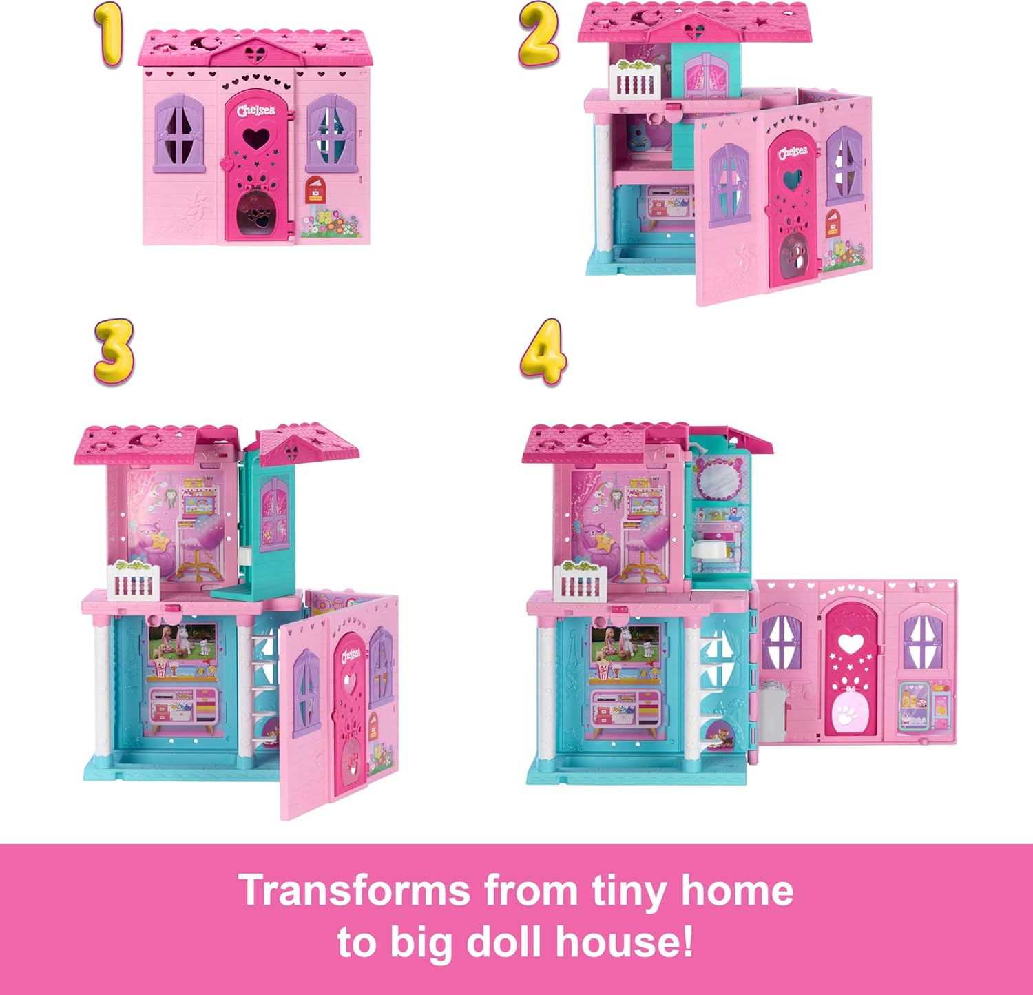 Barbie Chelsea Toy Dollhouse with 15+ Accessories, Pop-Up House Expands to 17+ X 13+ Inches with 5 Play Areas & Slide, Includes Small Doll & Pet Dog image number 5