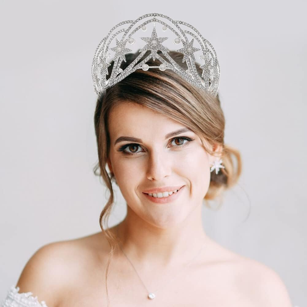 Star Queen Headband Bridal Crown with Rhinestone and Pearl Hair Jewelry for Women Girls Wedding Birthday Photo Prop image number 4
