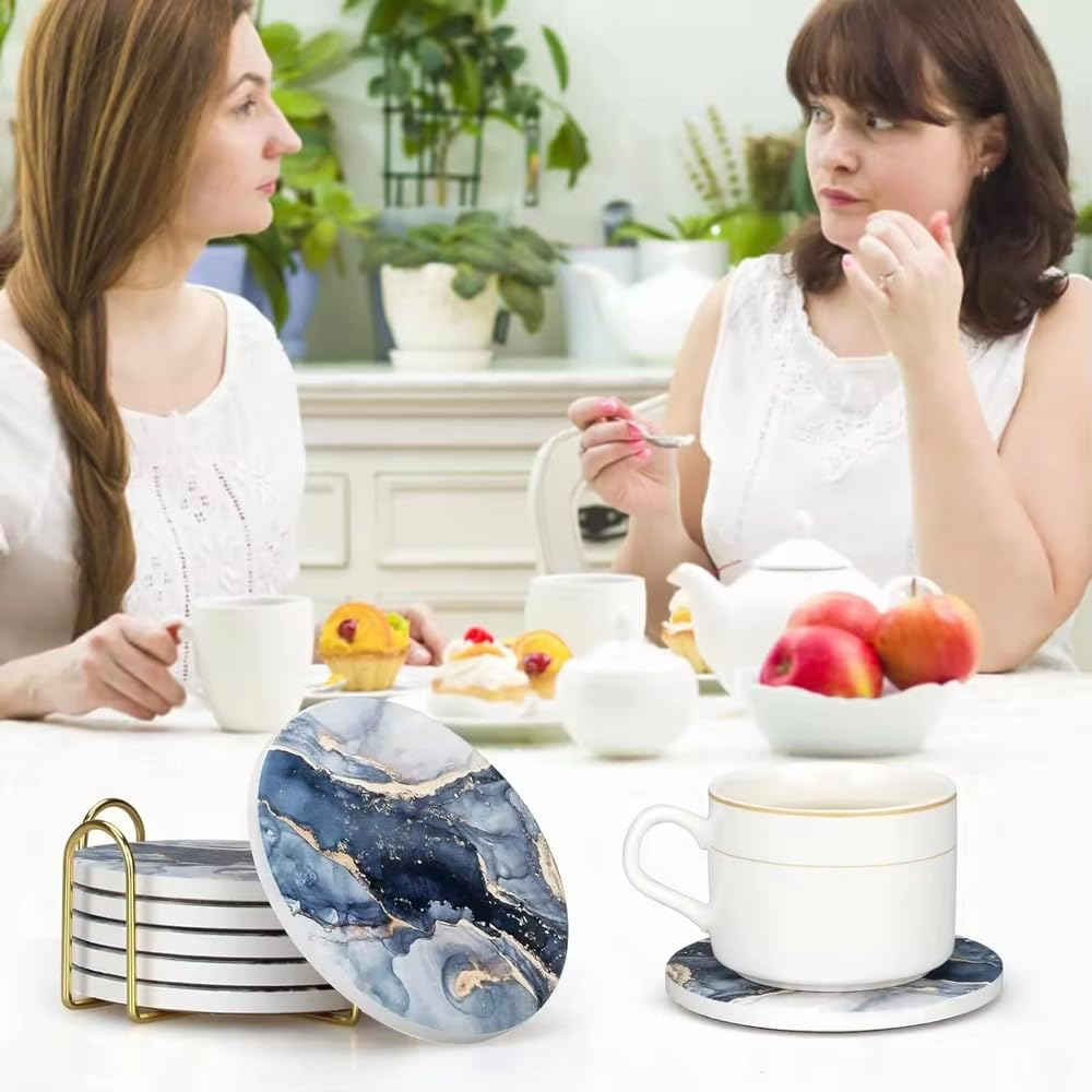 VERSACRAFT 6 Pcs Navy Blue Marble Abstract Ceramic Coasters with Holder image number 4