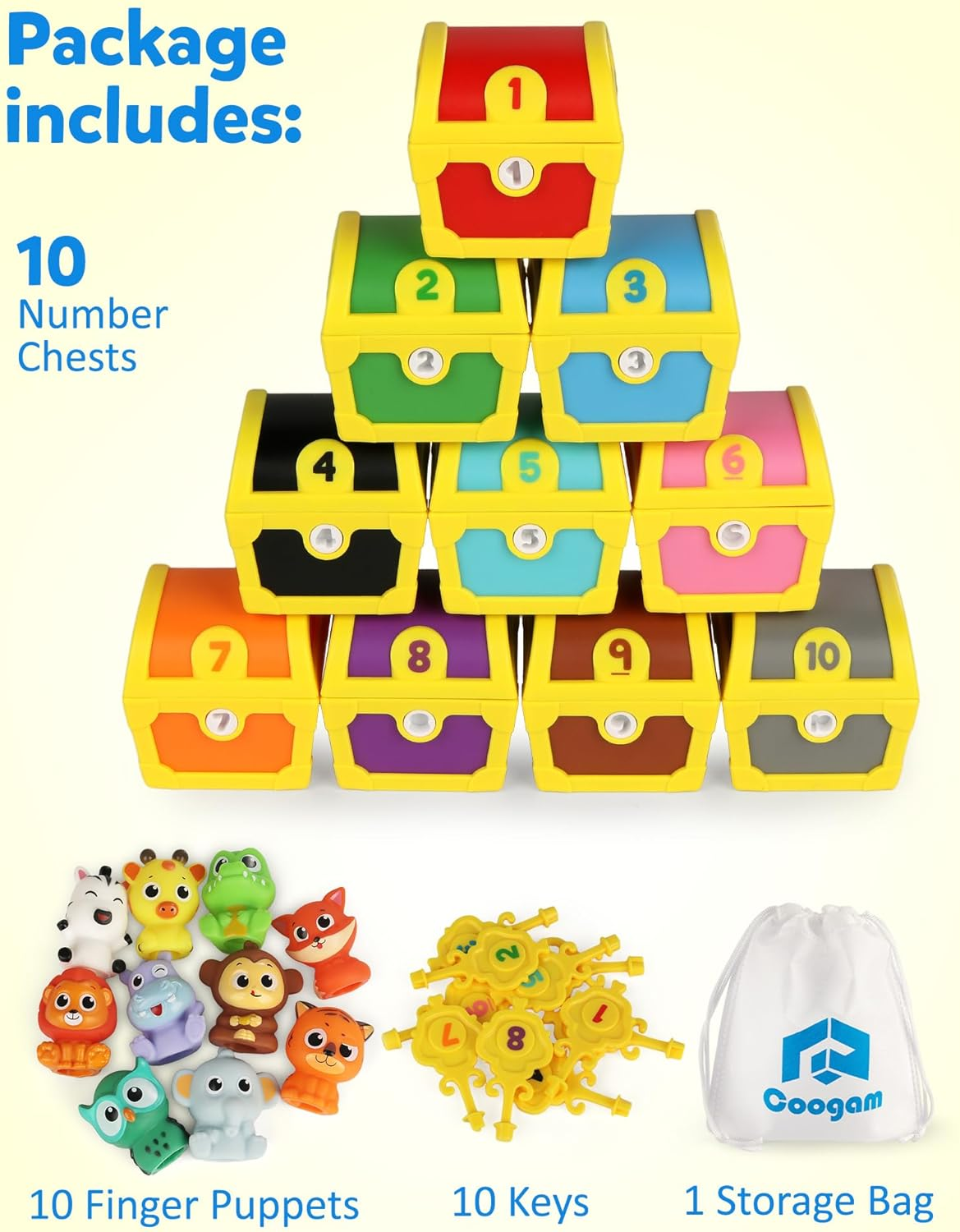 Coogam Fine Motor Skill Toys for Toddlers, 10Pcs Surprise Animals Finger Puppets Treasure with Number Locks, Matching Color Sorting Pirate Hunt Game, Learning Montessori for 3 4 5 Year Old image number 6