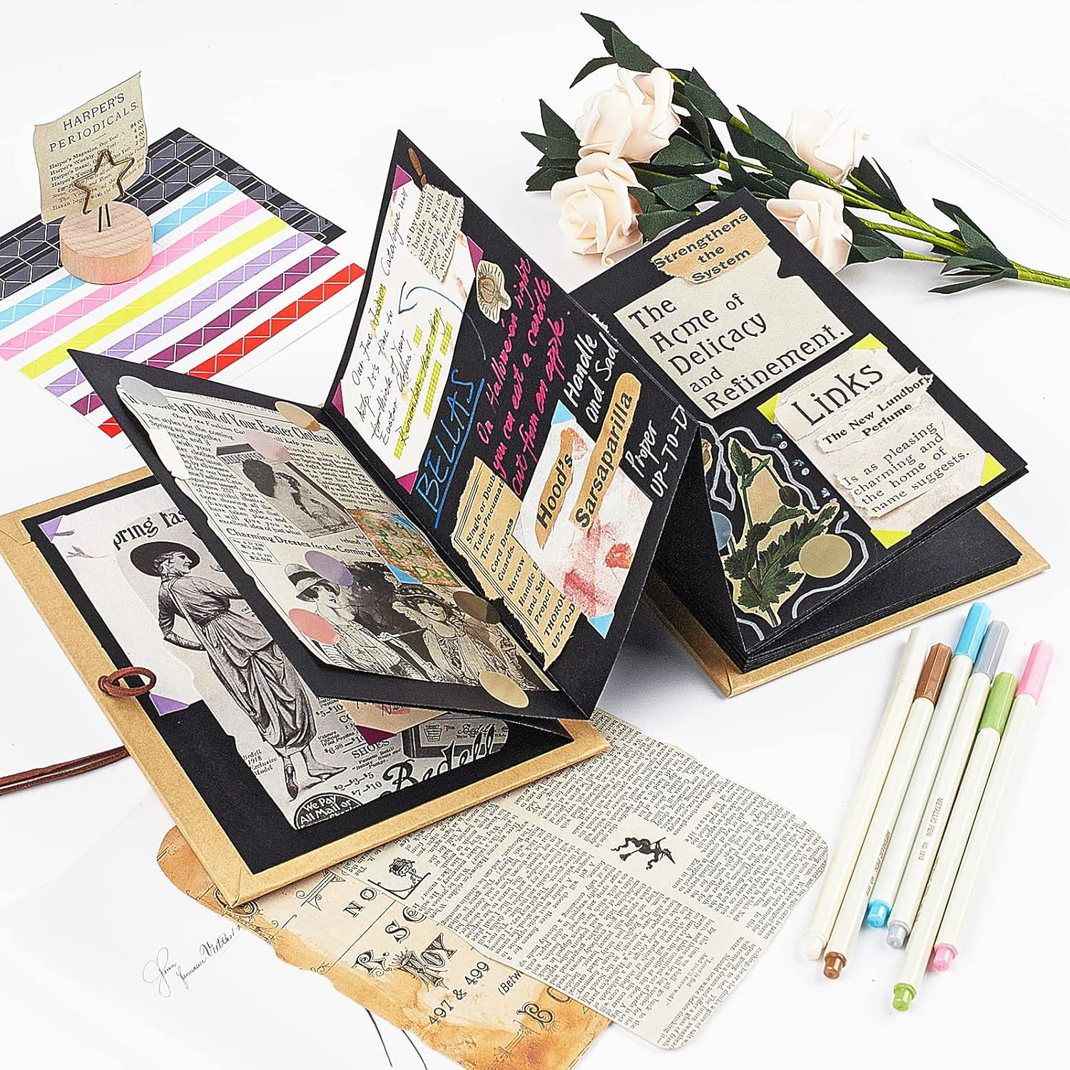 Scrapbook Album 6X8 Inch Small Photo Album with DIY Accessories Set, Stretchable Folding Kraft Paper Memory Book for Wedding Anniversary (Black) image number 4