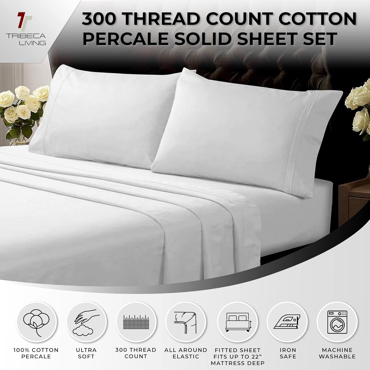 Tribeca Living California King/300 Thread Count Egyptian Cotton Percale Deep Pocket Sheet Set, White image number 2