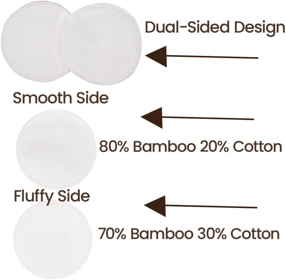 Eco Basics Reusable Bamboo Facial Pads &ndash; 100% Plant-Based, Dual-Sided for Makeup Removal & Exfoliation, Washable, Eco-Friendly with Cotton Wash Bag, Diameter 8Cm, Bag Size 20X17Cm image number 4