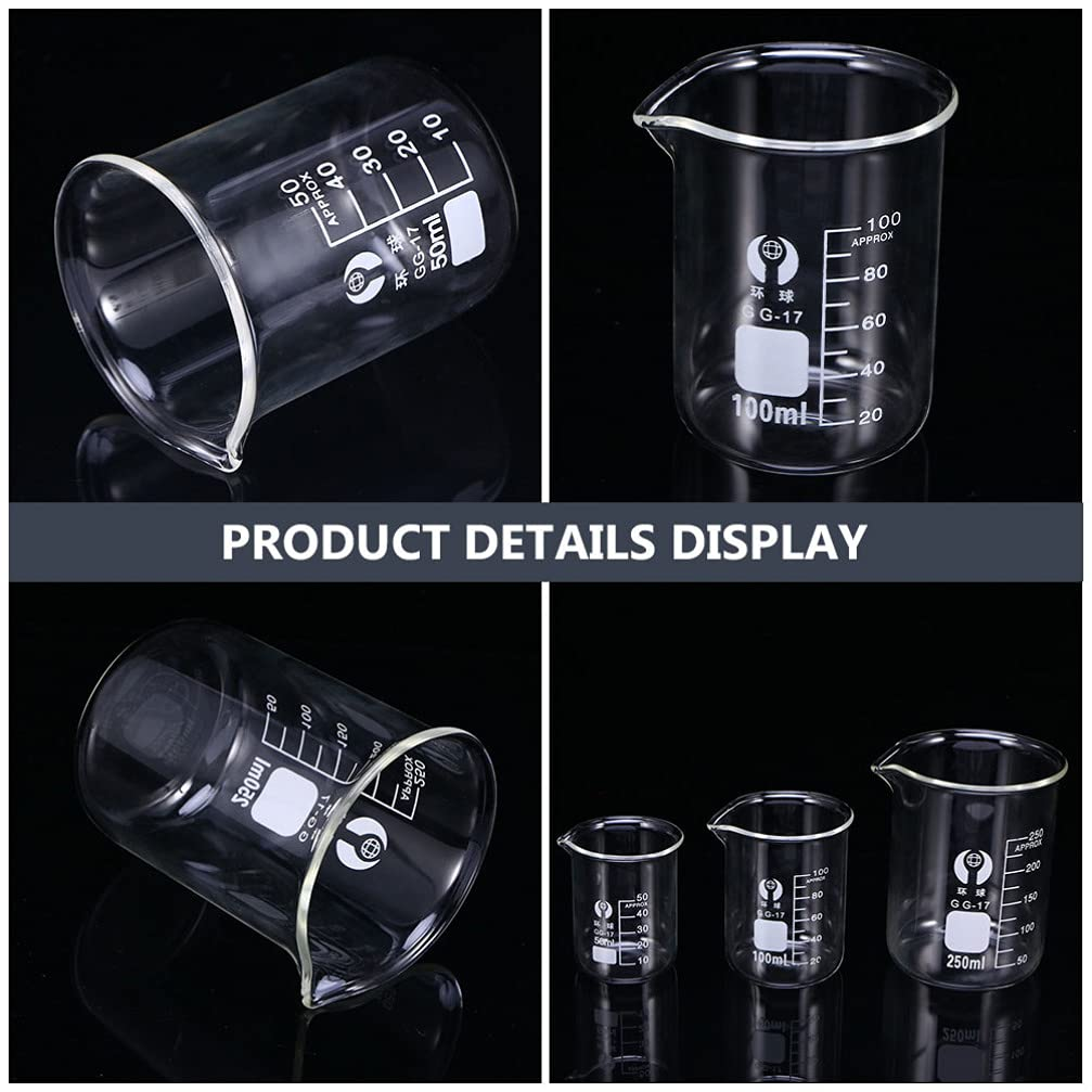 POPETPOP 9Pcs Beaker Flask Cylinder Set Scientific Glass Flask Graduated Cylinders Clear Measuring Beakers for Laboratory Supplies 50ML 100ML 250ML image number 4