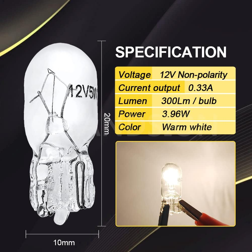 Ruiandsion T10 W5W 194 Halogen Bulbs 168 2825 Warm White 12V Interior Dome Map Dashboard Lights, Non-Polarity (Pack of 10) - Amber Yellow image number 4