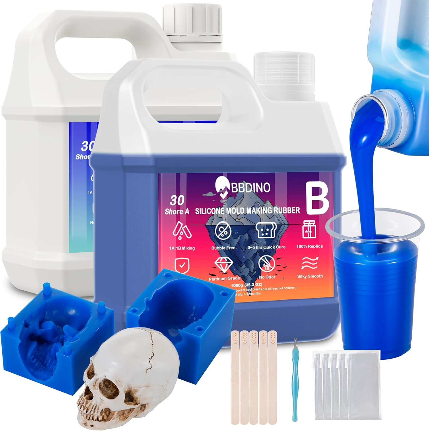 BBDINO Silicone Mold Making Kit, Liquid Silicone for Mold Making 30A Sapphire Blue,High Strength Silicone Rubber Mold Making Kit,1:1 by Volume Ideal for Casting Resin/Jewelry Silicone Molds 2000G