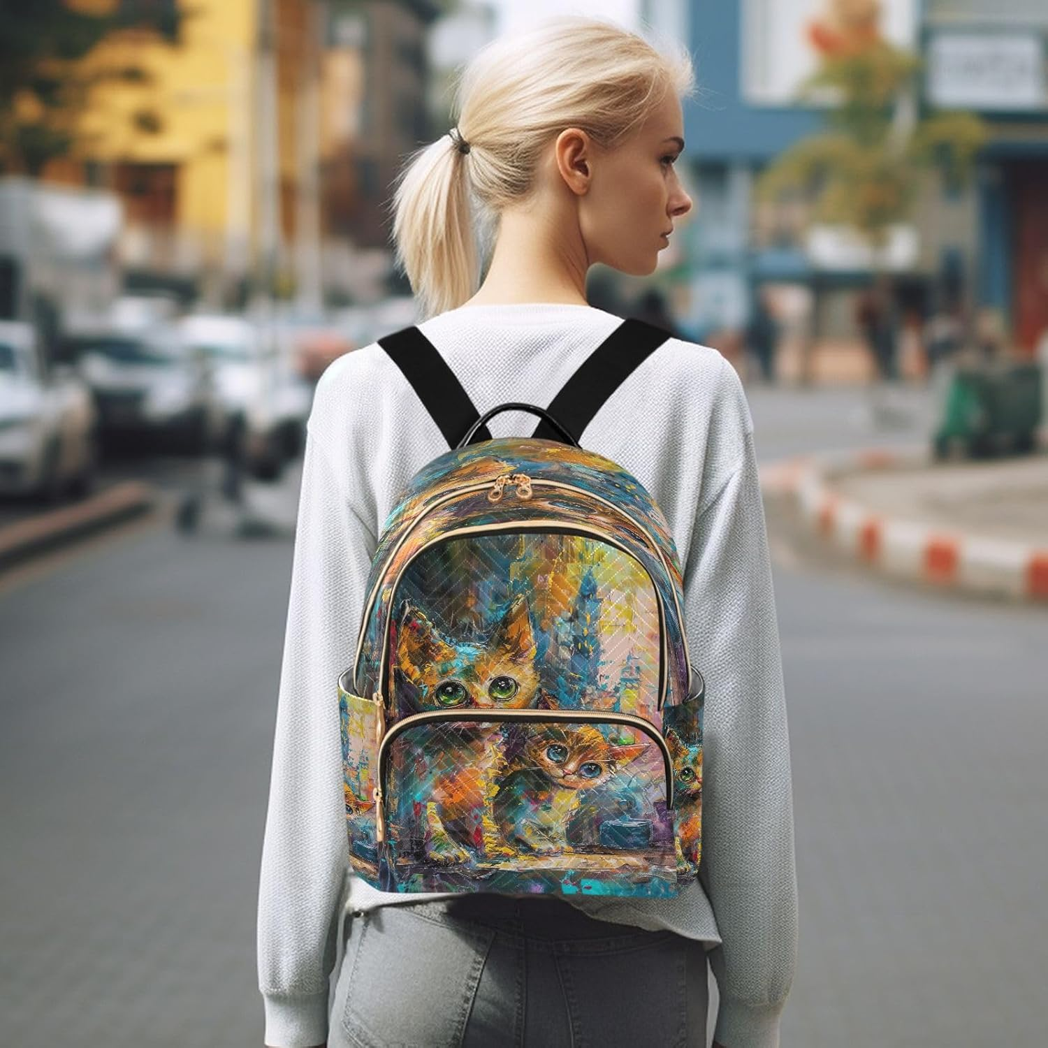Joisal Stained Glass Style Cat Mini Backpack Women anti Theft Computer Backpack for Women, Travel Backpack Women image number 3