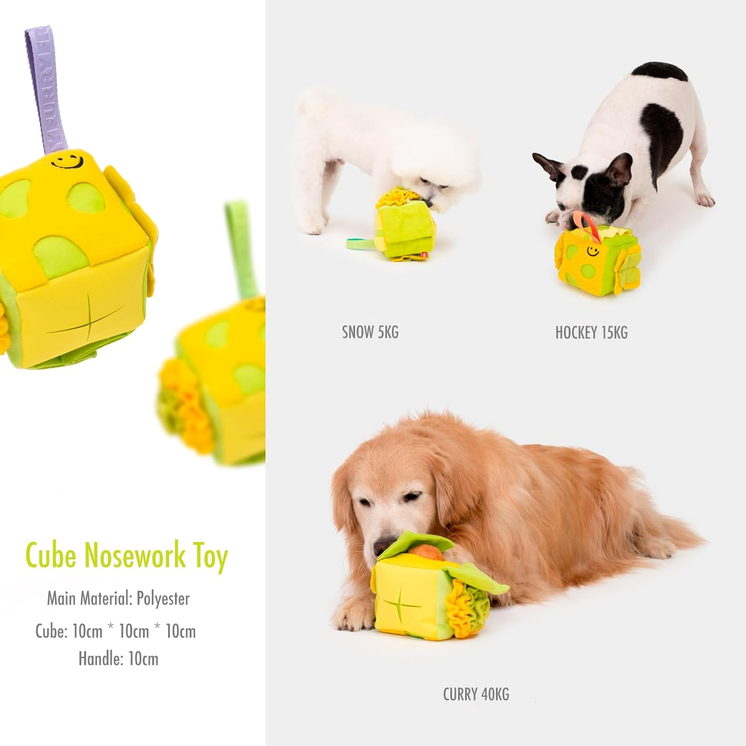 Interactive Treat Dispensing Dog Plush Toy in Shape of Cube, Light Yellow and Green, with Squeaker and Crinkle Paper, Snuffle Toy for Dogs