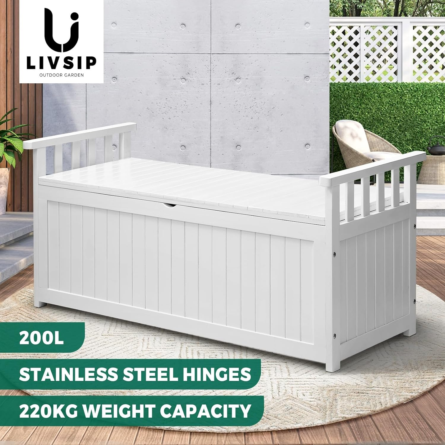 LI LIVSIP 200L Outdoor Storage Deck Box Bench, Waterproof & Lockable Large Storage Box Container Bench with Wheels & Handle for Cushion Pillow Toys Garden Tools, White
