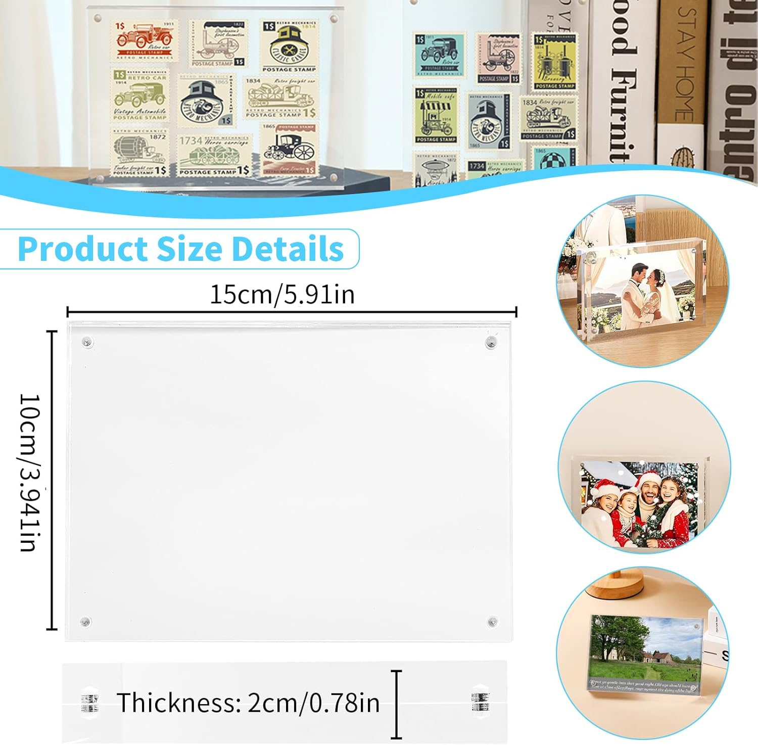 3 Pack Picture Frames, 4X6 Inch Acrylic Frame, Self Standing Block Display Photo Frame, Horizontal Magnet Double Sided Picture Frame, Thick Desktop Frameless Magnetic Photo Frame (10X15Cm, 10+10MM) image number 4