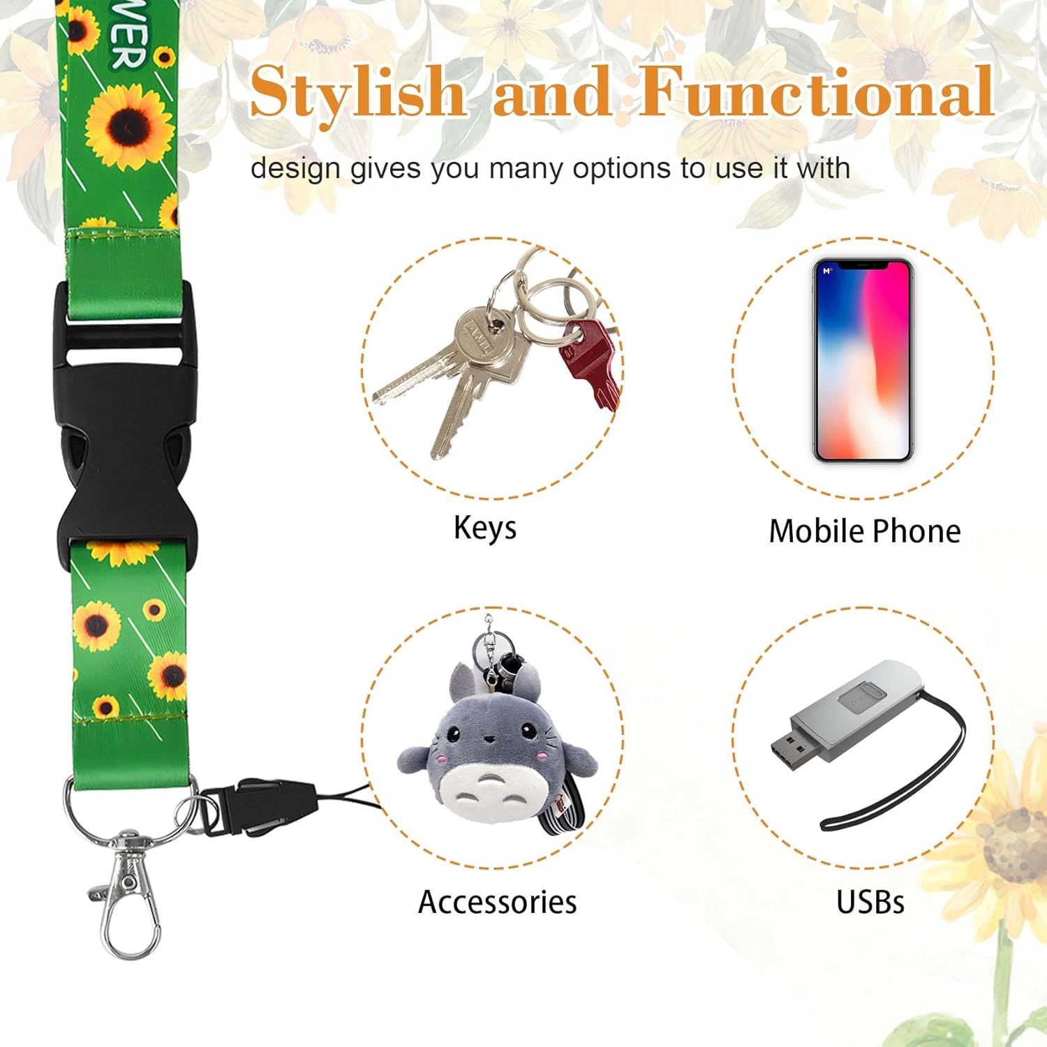 Sunflower Lanyard with Removable Buckle, 2Pcs Cute Lanyards for Keys, ID Badges, Bus Pass, Detachable Badge Lanyards for Women, Men, Teachers, Nurses, for Work, School, and Daily Use image number 6