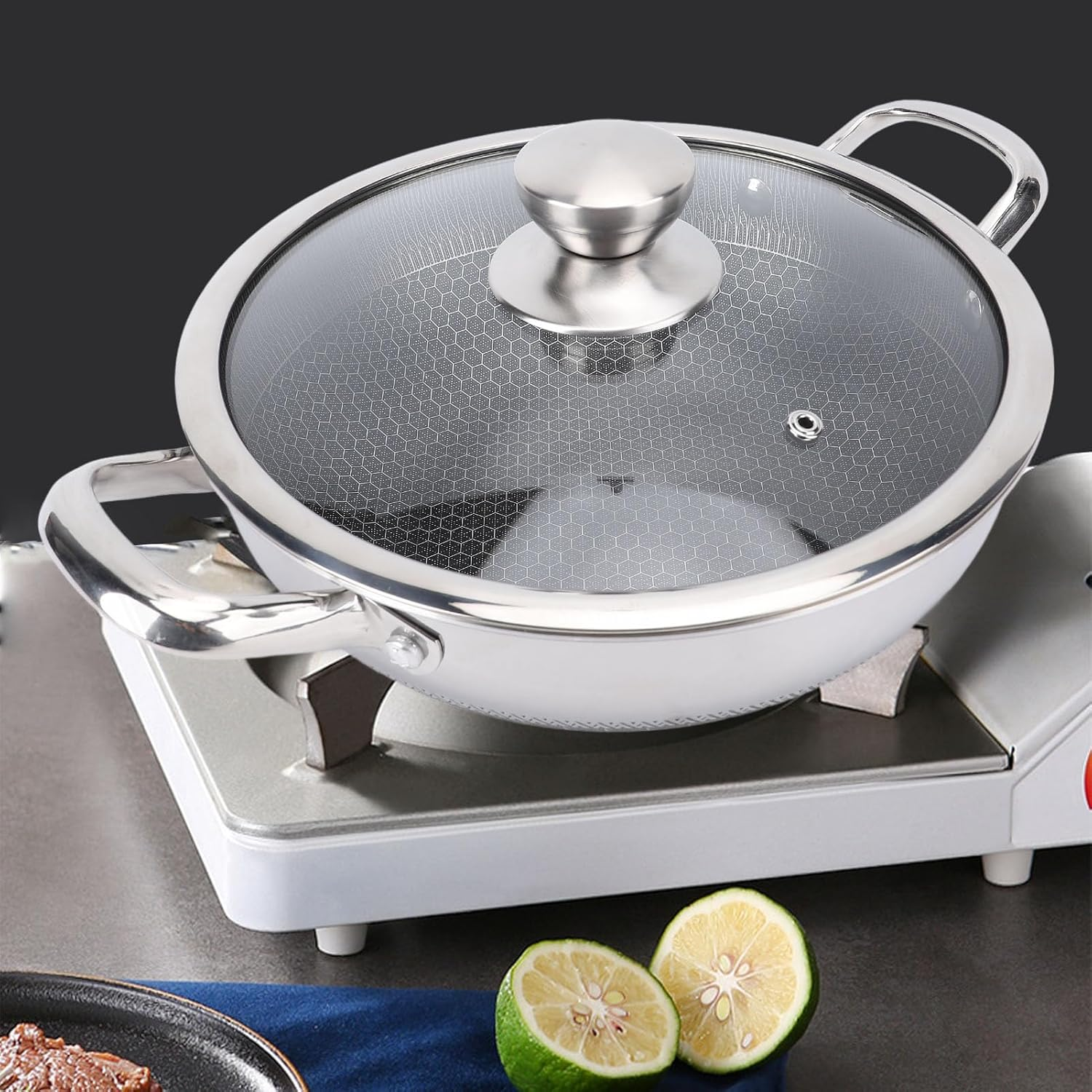 316L Stainless Steel Frying Pan, Hybrid Nonstick Induction Pan with Lid, Two Handle Hold, PFOA Free, Dishwasher Oven Safe, Paella Pan for Stir Fry/Toast/Roast/Bake/Stew, 26Cm