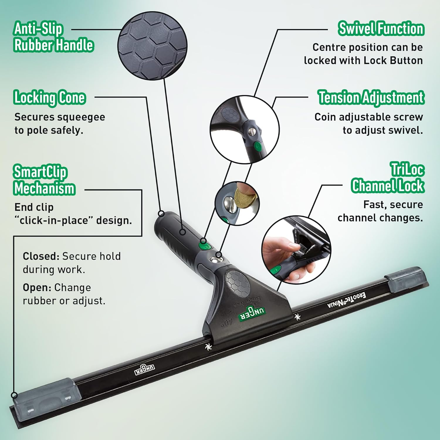 UNGER Ergotec Ninja Window Wiper 40&deg; (Width 45 Cm, Ergonomic Handle, with Soft Rubber, Two Rubber Positions, Window Squeegee with Swivel Function) EN450 image number 2