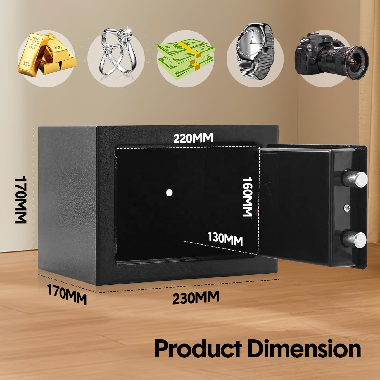 Aumerage Digital Safe Box Security Cabinet, Electronic Safe with Digital Keypad & 2 Emergency Keys, Home Office Hotel Money Cash Lock Deposit Password Safe Box (6.4L, Black) image number 2