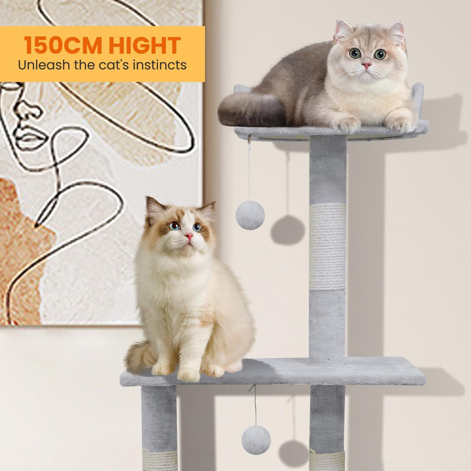 Cat Climbing Frame, 154Cm Cat Scratching Post Multi-Level Play Tower with 2 Pom Poms and Spacious Hammock for Indoor Kittens, Multi-Level Apartment Cat Furniture image number 4